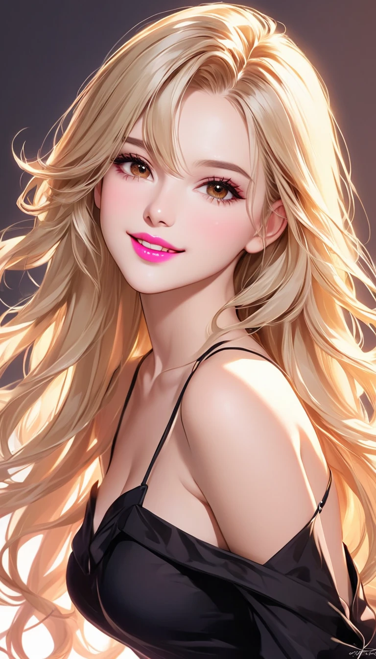 high resolution,smile,woman,woman1人,adult,Clear,cute, Blonde Hair,BREAK, Brown eyes,BREAK, Hostess,Black Dress,Diamond Necklace,BREAK, Facing forward,BREAK,Pink background,Light on head,