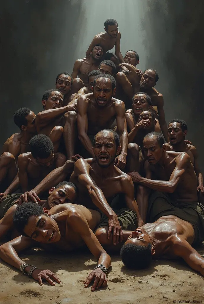 group of men prisoners crouched claustrophobic prison yard quarry mountain desert Sahara, very tanned primitive short beard brutish sad Neanderthal Russian young men wearing loincloth and barefoot, flaxen blond