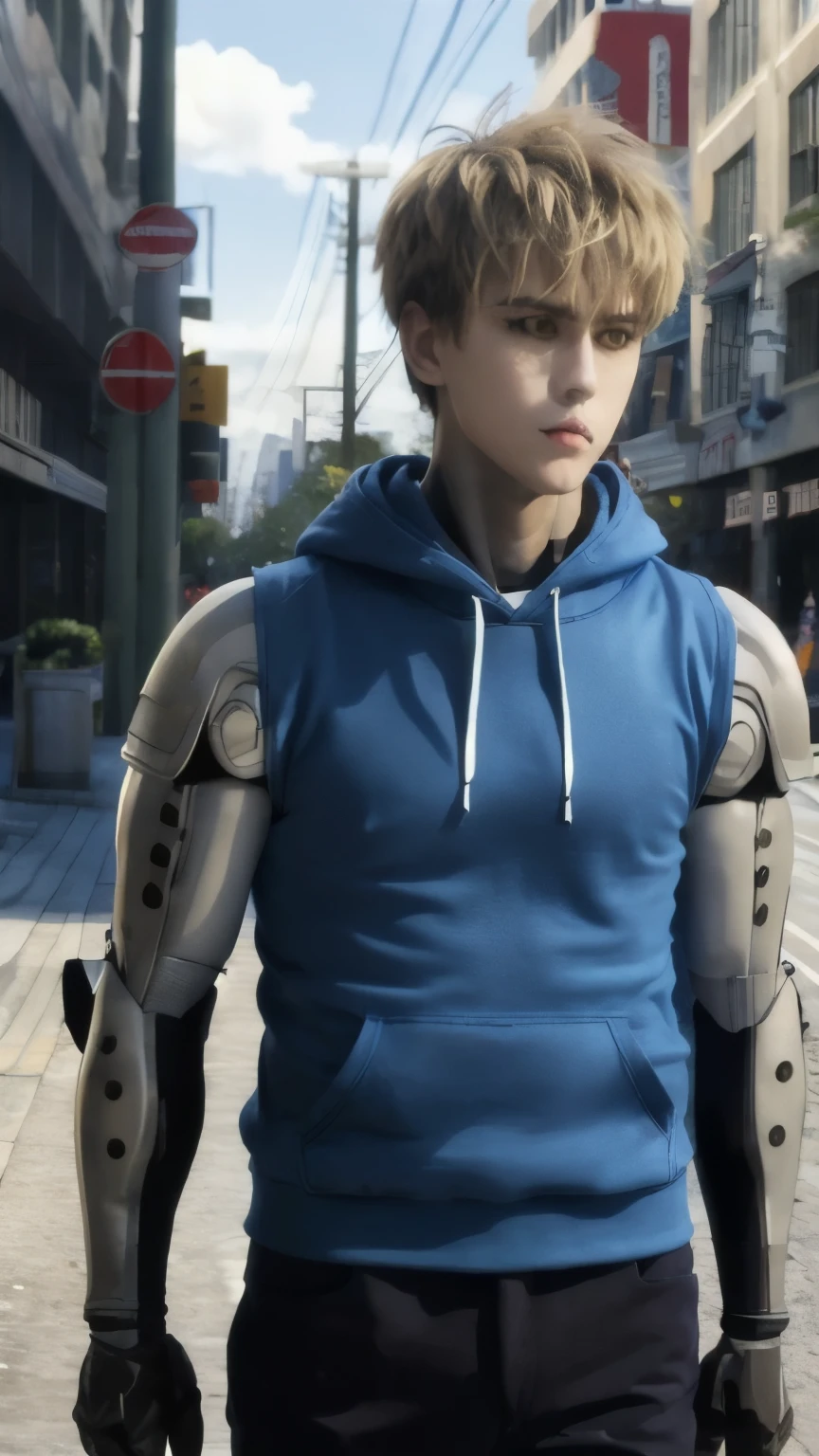 (masterpiece, best quality:1.4), colorful, high contrast, genos hoodie, sleeveless, black pants, mechanical arms, city, grocery bag, day, sunlight