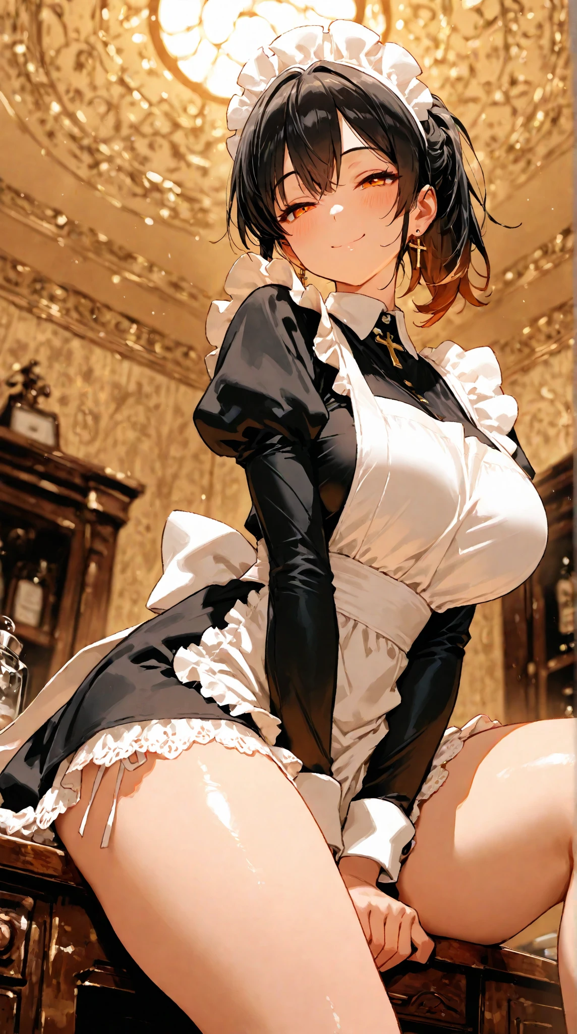 1girl, cute, ((Short black hair girl and long blonde hair girl)), maid victorian, maid apron, straight face, dazed, Body position: Standing, straight, symmetrical, barefoot, Lustful smile on face with red blush,
