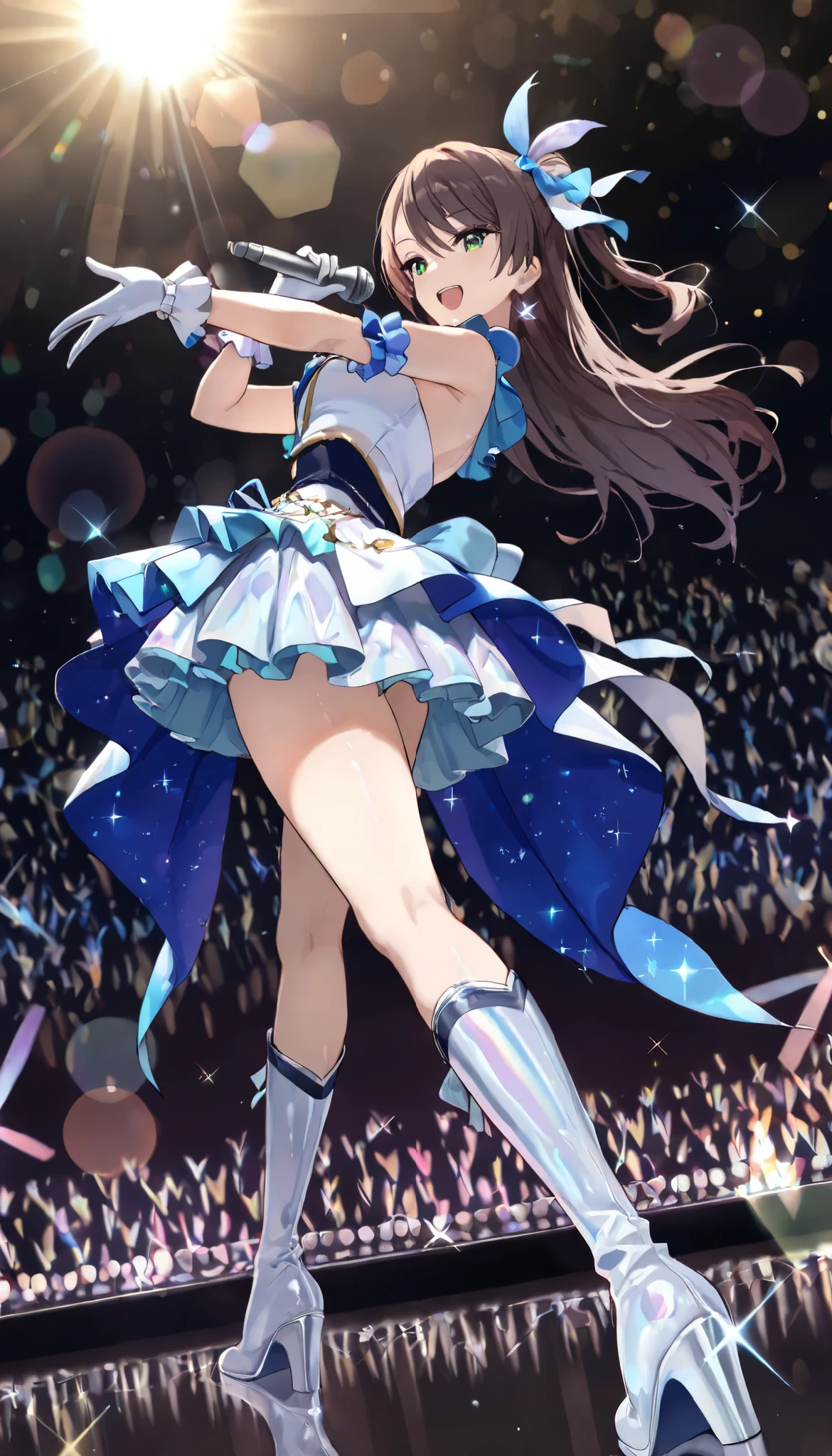 (High resolution, accurate, Best Quality, Anatomically correct, masterpiece,16k, Wallpaper), 1 girl, idol singer, cute, idol dress, Knee-high boots, (shiny glossy reflective clothes), on the stage, dynamic angle, (sing and dance vigorously:1.6), stage lighting, break, (spot light:1.3), many concert light illumination, break, (lens flare:1.5), break, (sparkle:1.4), Bokeh, (moya:1.5), nishikawa honami