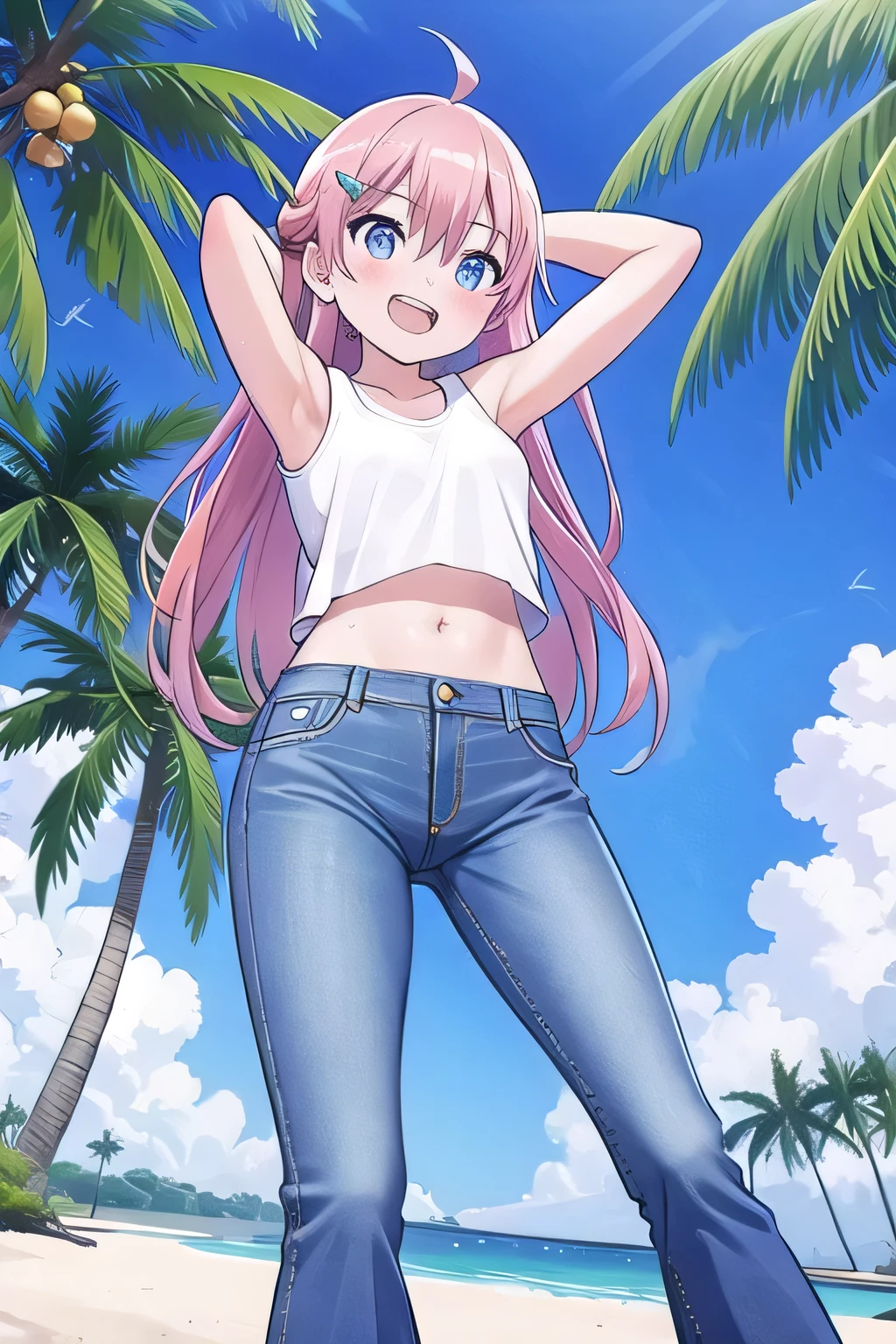 masterpiece, best quality, ultra detail, ((Perfect Face, perfect eyes, perfect hair, perfect arm)), 1girl, , peti ((round face, ecstasy, orgasm face, drooping eyes, shame smiling, blush)), dropping eyes, sleepy, Open mouth, ((White teeth)), background((under the beach, (day:1.2), palm tree, bright sky)), miku hatsune, ahoge, (blue eyes:1.2), (light pink hair:1.2), crossed bangs, hair between eyes, hair ornament, (long hair:1.2), (straight hair:1.7), ((arms behind head, hands behind head, fingers behind head)), ((contrapposto)), spread armpits, looking at viewer, (light orange tank top:1.2), (light orange crop top:1.2), (jeans pants:1.2, flares jeans:1.2, skinny jeans:1.2, blue jeans:1.2), standing, (legs spread:1.4), sex pose, Sweaty crotch, Steam from the crotch, from below, whole body
