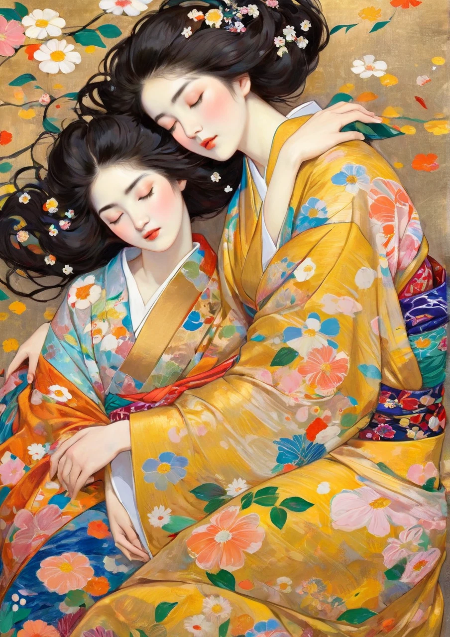 split-colored hair、ichiro、 2girls in, duo, blue eyess, A dark-haired, hair adornments, Hugged, of the breast, breasts, florals, Komono, Kimono, off shoulders, manicure, makeup, lipsticks, Yellow background, red claw, eyeshadows, florals, hair stick, Kanzashi, Comb,