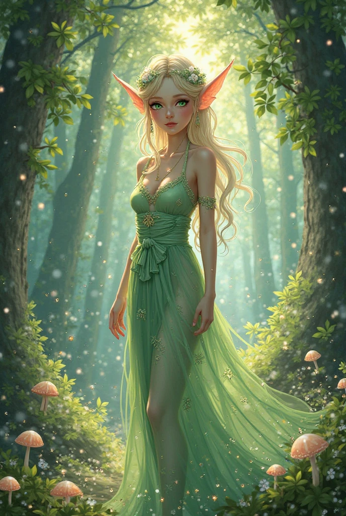 tiffaniawestwood, tiffania westwood,blue blonde hair, blue eyes, elf, long hair, pointy ears,
BREAK dress, green dress, halter dress, halterneck, sandals, thighhighs, toeless legwear, white thighhighs,
BREAK looking at viewer,
BREAK outdoors, forest,
BREAK (masterpiece:1.2), best quality, high resolution, unity 8k wallpaper, (illustration:0.8), (beautiful detailed eyes:1.6), extremely detailed face, perfect lighting, extremely detailed CG, (perfect hands, perfect anatomy),