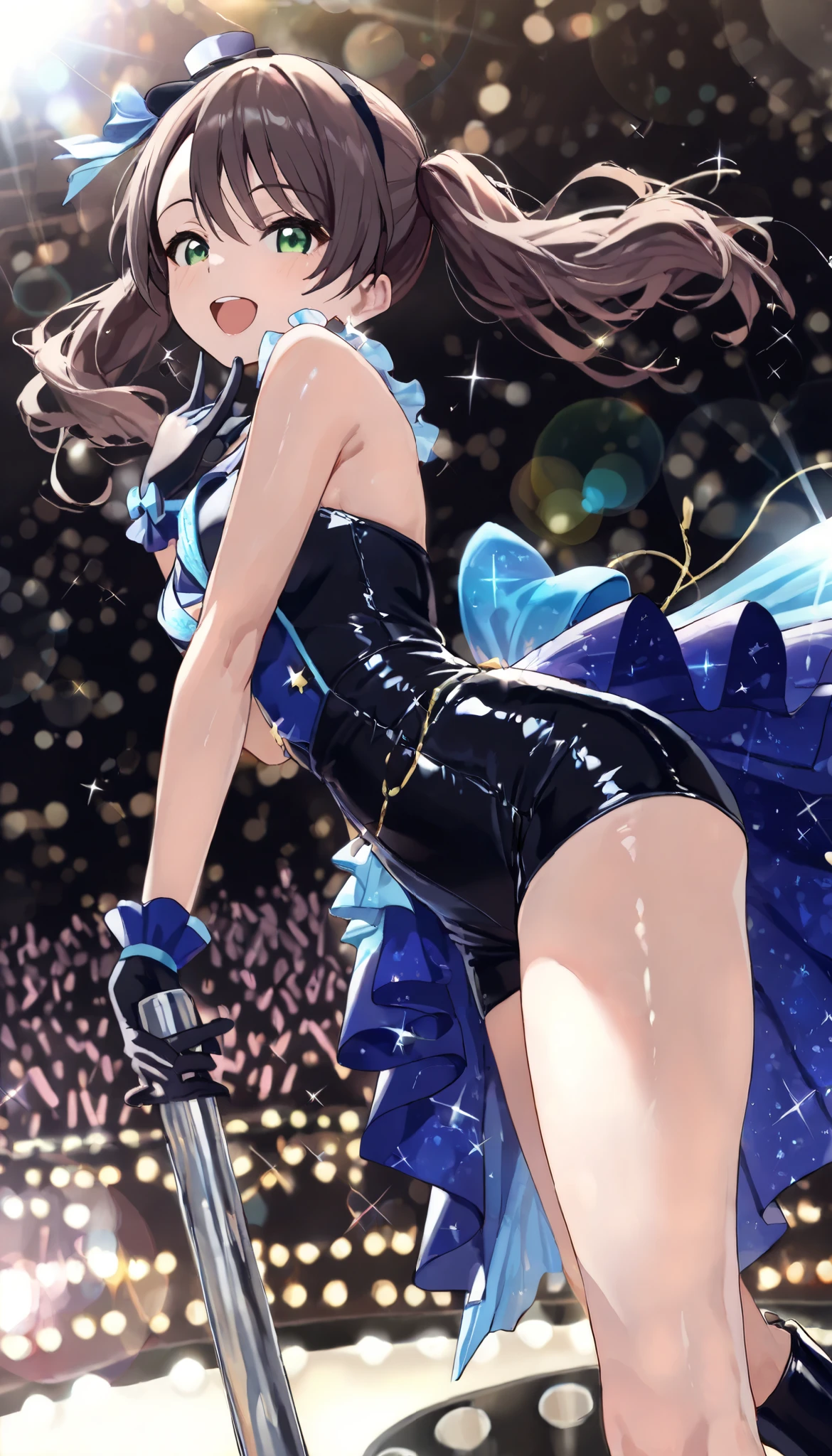 (High resolution, accurate, Best Quality, Anatomically correct, masterpiece,16k, Wallpaper), 1 girl, idol singer, cute, idol dress, Knee-high boots, (shiny glossy reflective clothes), on the stage, dynamic angle, (sing and dance vigorously:1.6), stage lighting, break, (spot light:1.3), many concert light illumination, break, (lens flare:1.5), break, (sparkle:1.4), Bokeh, (moya:1.5), nishikawa honami