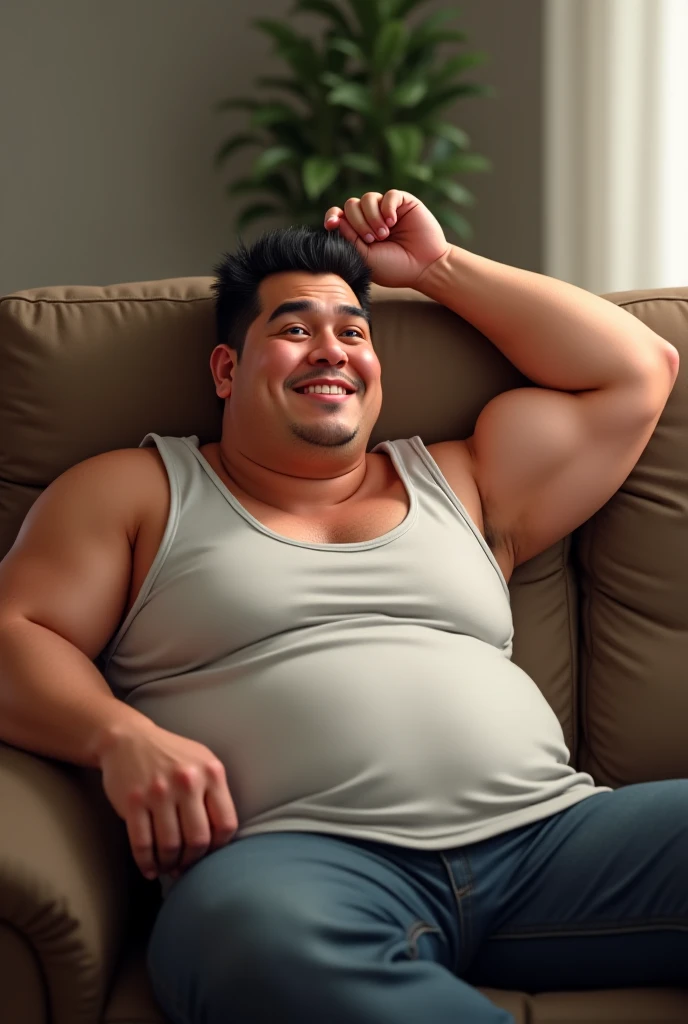 Big giant body builder white men wearing unbuttoned double pocket multi colored shirt at home on sofa