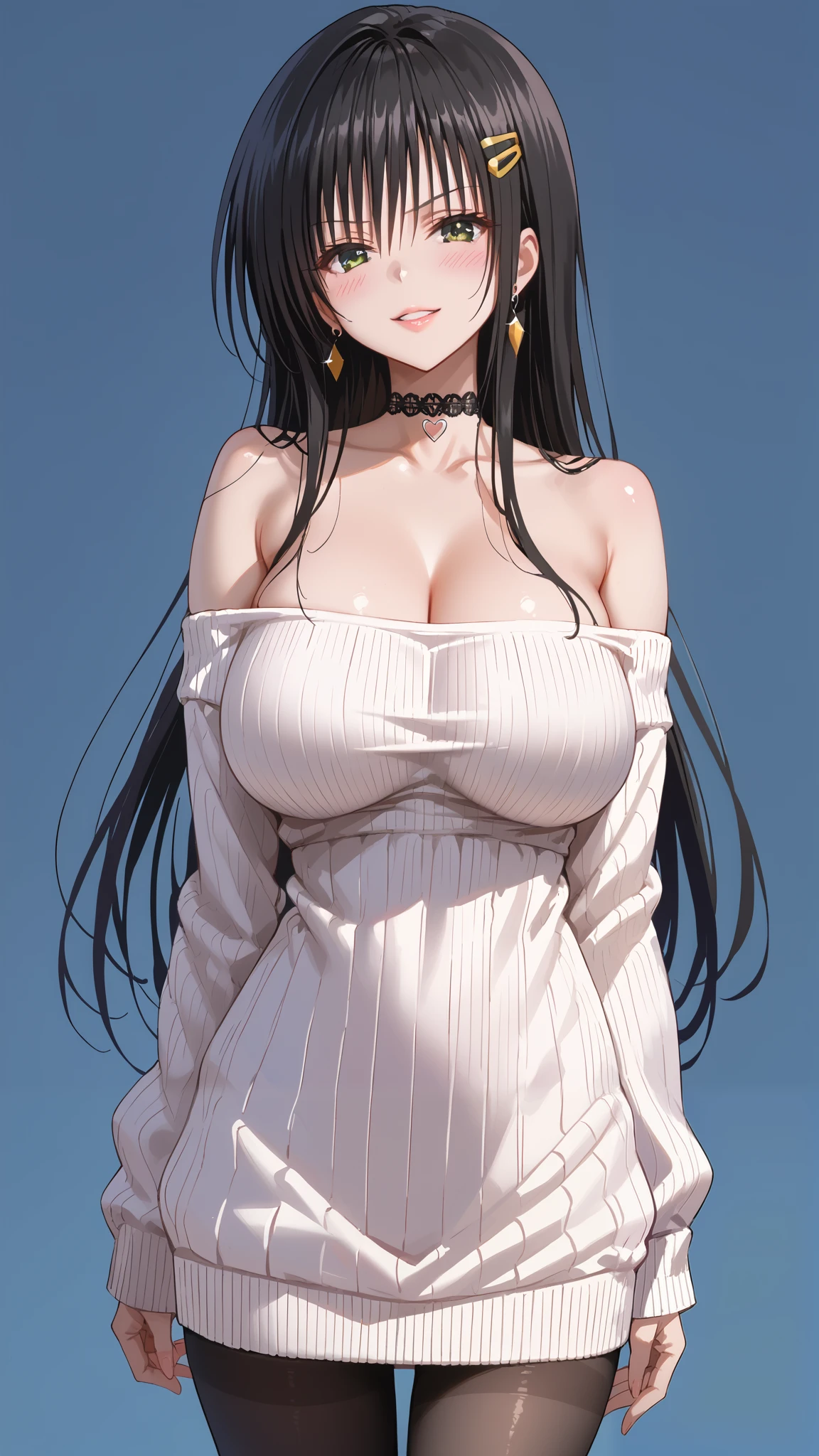 To Love Ru, Otegawa Yui, Furukawa Yui、 black hair、 Long Hair、Tsundere, score_9, score_8_up, score_7_up, source_anime, masterpiece,best quality, huge breasts, gyaru, 1girl, solo, long_hair, pantyhose, choker, black_hair, earrings, jewelry, looking_at_viewer, sweater, collarbone, black_eyes, black_choker, off_shoulder, smile, dress, bare_shoulders, hairclip, black_pantyhose, parted_lips, breasts, hair_ornament, gradient, bangs, sleeves_past_wrists, gradient_background