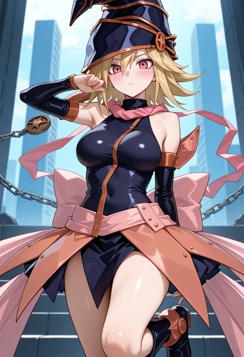 Quack girl, 1girl, 独奏, long whitr hair, nedium breasts, looking at viewert, Be red in the face, By bangs,big cleavage breasts, mitts, Hats, hair between eye, exposed bare shoulders, jewely, Keep one's mouth shut, full bodyesbian, Separate the sleeves, 无袖, black glove, gloves on the elbow, Armpits, choker necklace, Arms up, urban backdrop, Eyes can see through hair, Tight clothes, duel monster, Tighten your shirt, Wizard's Hat,cleavage,upper legs,((tmasterpiece,Best quality at best,A detailed))