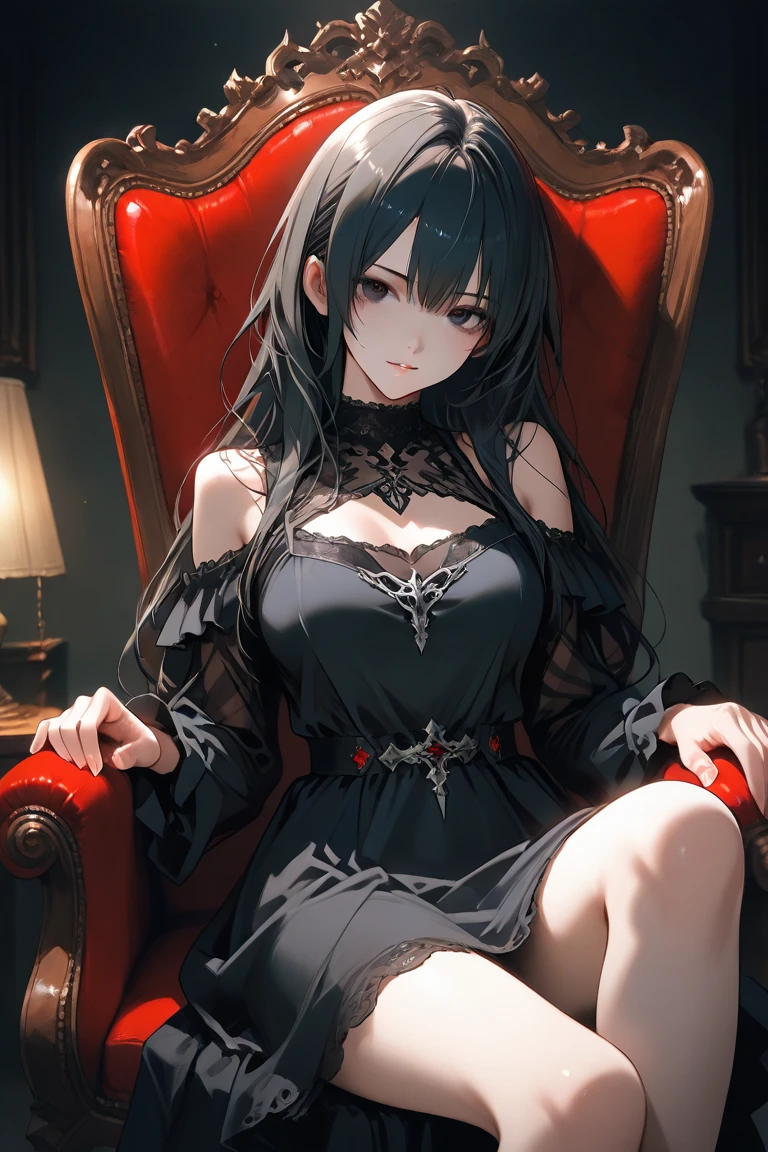 luxurious manor，sitting in the couch，adult girl，with short black hair，high ponytails，eBlue eyes，Cat ears，Dark color dress，cropped shoulders，Serious look，tmasterpiece，high high quality