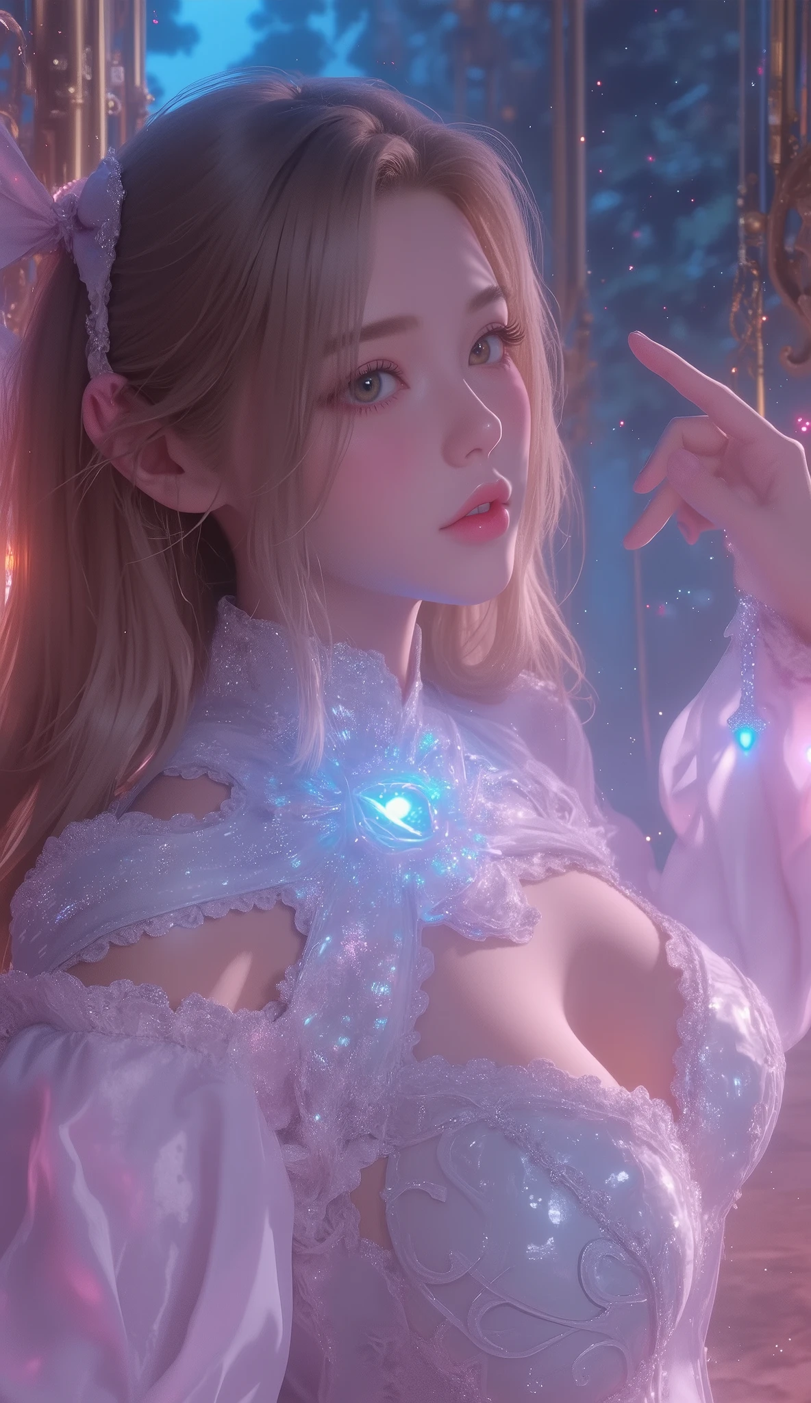 naked photo, 20 yo european female as ((goddess)) looking up at the sky, (dark brown ponytail hair, almond eyes, brown large eyes, small face, cute face, mole under mouth, Indecent crest), masterpiece, best quality, intricate details, full body, portrait, bokeh, (fair skin, pale skin, real skin, high detailed skin texture, abs, saggy boobs, huge breast, slim body, skinny, very thin waist), (exposed naked breast, bio mechanized endoskeleton transparent body with intricate details Rainbow Neon lighting pattern, with angel wings), (((night view, snow, reflection, holding A large magic wand with intricate decorations, large Magic Circle at sky))), (in full color space universe background, milky way)