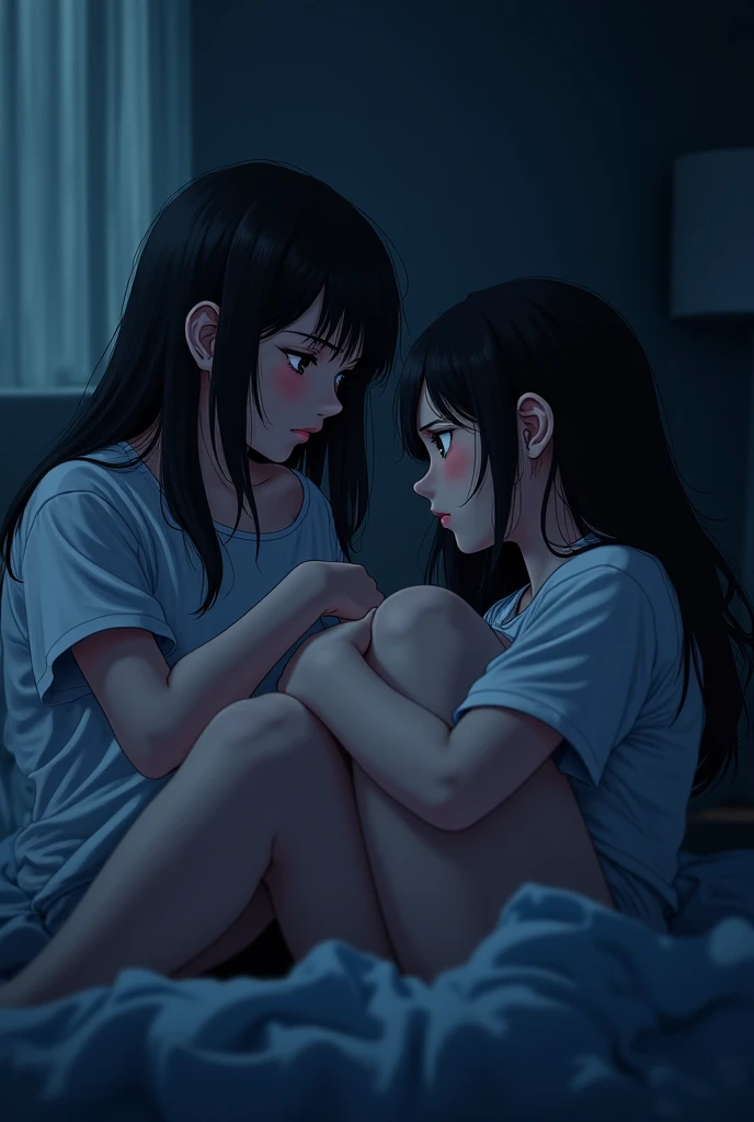 Create a lineart illustration Setting: Illustrate Marine and Sarah sitting on their beds in a quiet, tense room. Marine might have a thoughtful expression, while Sarah watches her with a mixture of concern and sympathy. The room could be dark, with soft light coming from the window to accentuate the introspective mood.