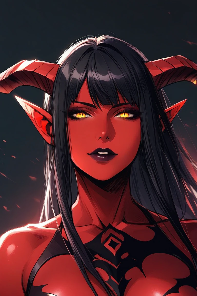 Add a deep tone of red in the skin, yellow eyes, add to her face scars, ((perfect eyes)), best quality
