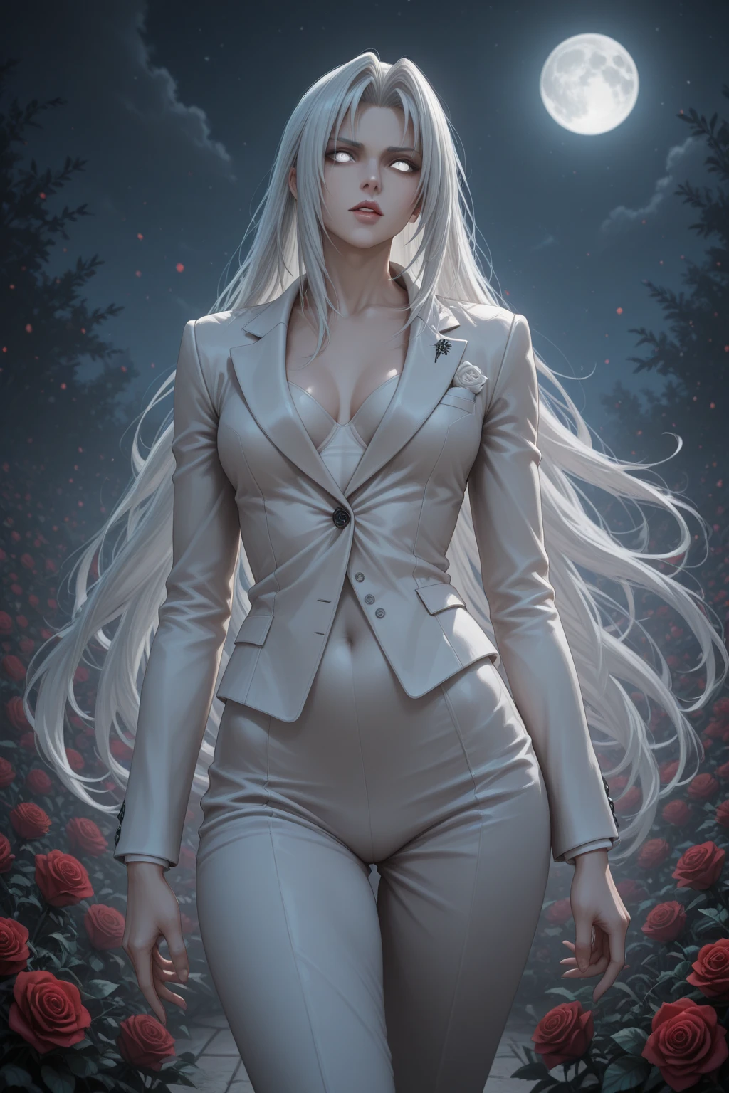 masterpiece, highest quality, (Alone focus), (perfect face:1.1), (High detail:1.1), (hyper detailed eyes), dramatic, A man with pale skin and long, thick white hair, white eyes, Alone, long hair, Sephiroth, moon, night, Luxury white suit, covered navel, Full lips, fur, arrogant expression, rose garden, detailed history, art by artgerm, cinematic lighting, roses, fashion, Balenciaga style
