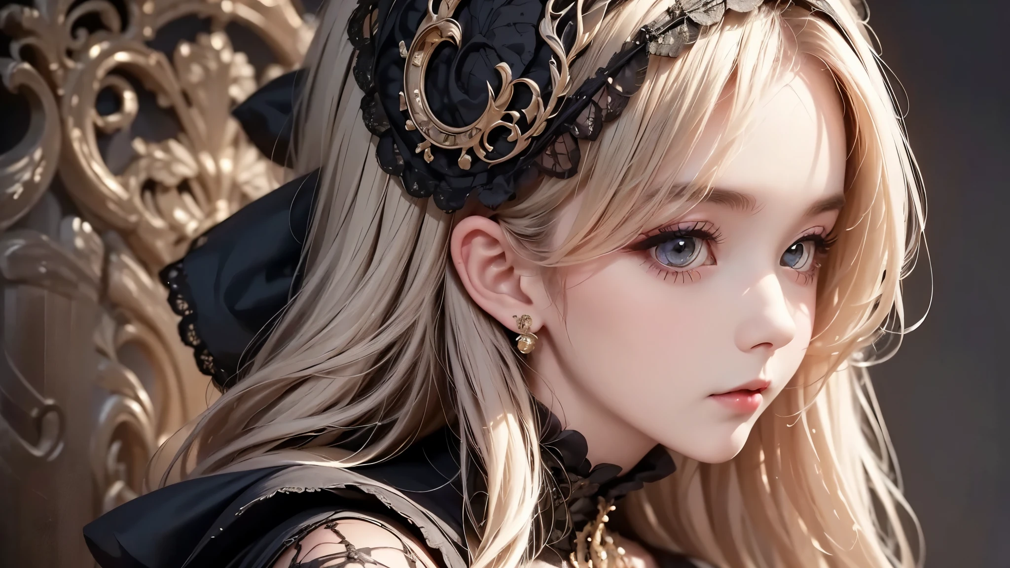 woman wearing dress and boots , baroque dress, wearing a detailed steampunk dress, elegant gothic princess, victorian gothic lolita fashion, historical baroque dress dark, black gothic lolita dress, fantasy style clothing, rococo dress, black rococo, fantasy costume, wearing a gothic dress, romantic dress, gothic dress,blonde, tilt her head,(((upper body portrait))), ((from side))
