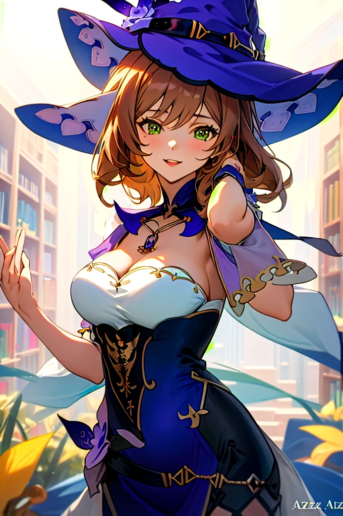<lora:add_detail:0.3:lbw=ALL>,
masterpiece, best quality, (highres, cg 8k illustration),
((1girl as witch with medium curly brown hair)) and
(detailed face and glossy detailed yellow eyes),
(simple background, blurry background, depth of field),
(painterly, beautiful and delicate), authentic, fine details, ((nsfw)),
(solo, female focus, solo focus), face focus, empty hands,
(she wears witch hat and side slit frilled dress) and gloves and garter straps and thighhighs,
(looking at viewer), blushing, cute innocent confident, smile, open mouth,
bursting breasts, cleavage,
(dynamic pose), upright,
indoors, in medieval magic shop,
cowboy shot, medium shot,
(sharp, outline), cel shading, fantasy, baroque, watercolor pencil \(medium\),
