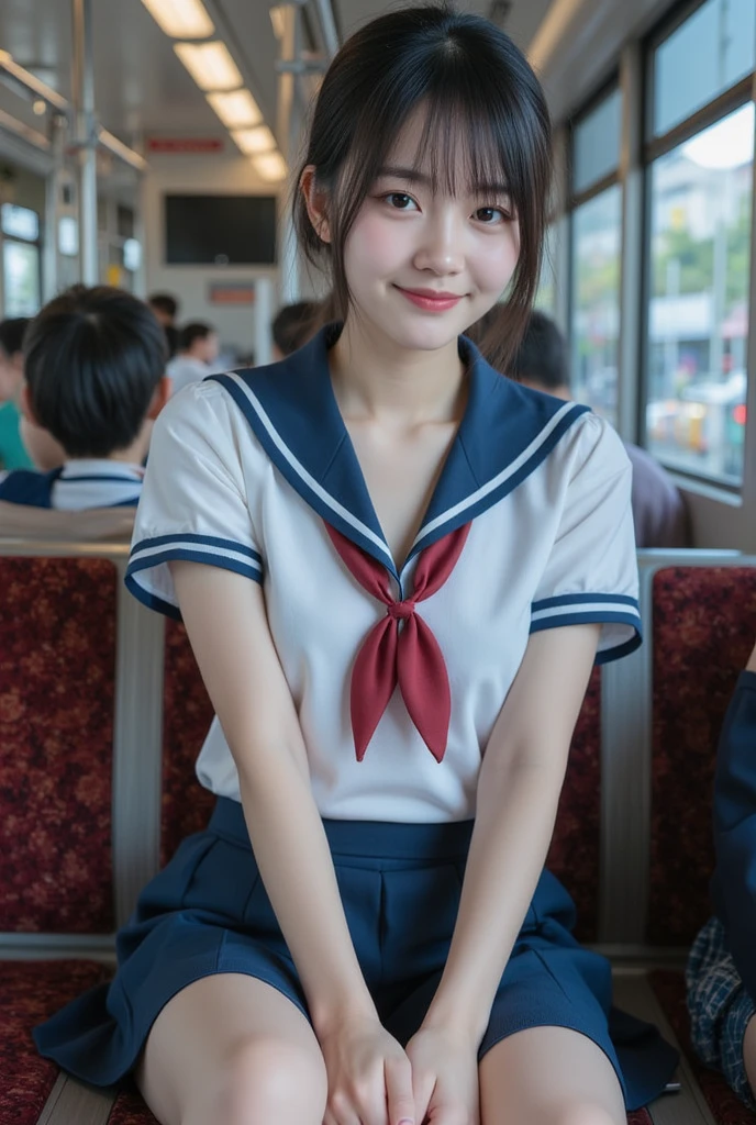 (((sailor suit)))、kind and happy smile、((looks happy:1.3))、panting face、excited look、short hair、glasses、realistic,High resolution,soft light,beautiful slender girl, blue eyes, elegant and sexy, japanese woman、very big breastasterpiece、highest quality、very detailed、crowd surfing、very realistic face、very realistic eyeasterpiece、highest quality、very detailed、1 girl、crowd、(((nsfw))),(((Pussy))),(((Lower body naked))),(((on the train))),(((short sleeve))),navel,whole body