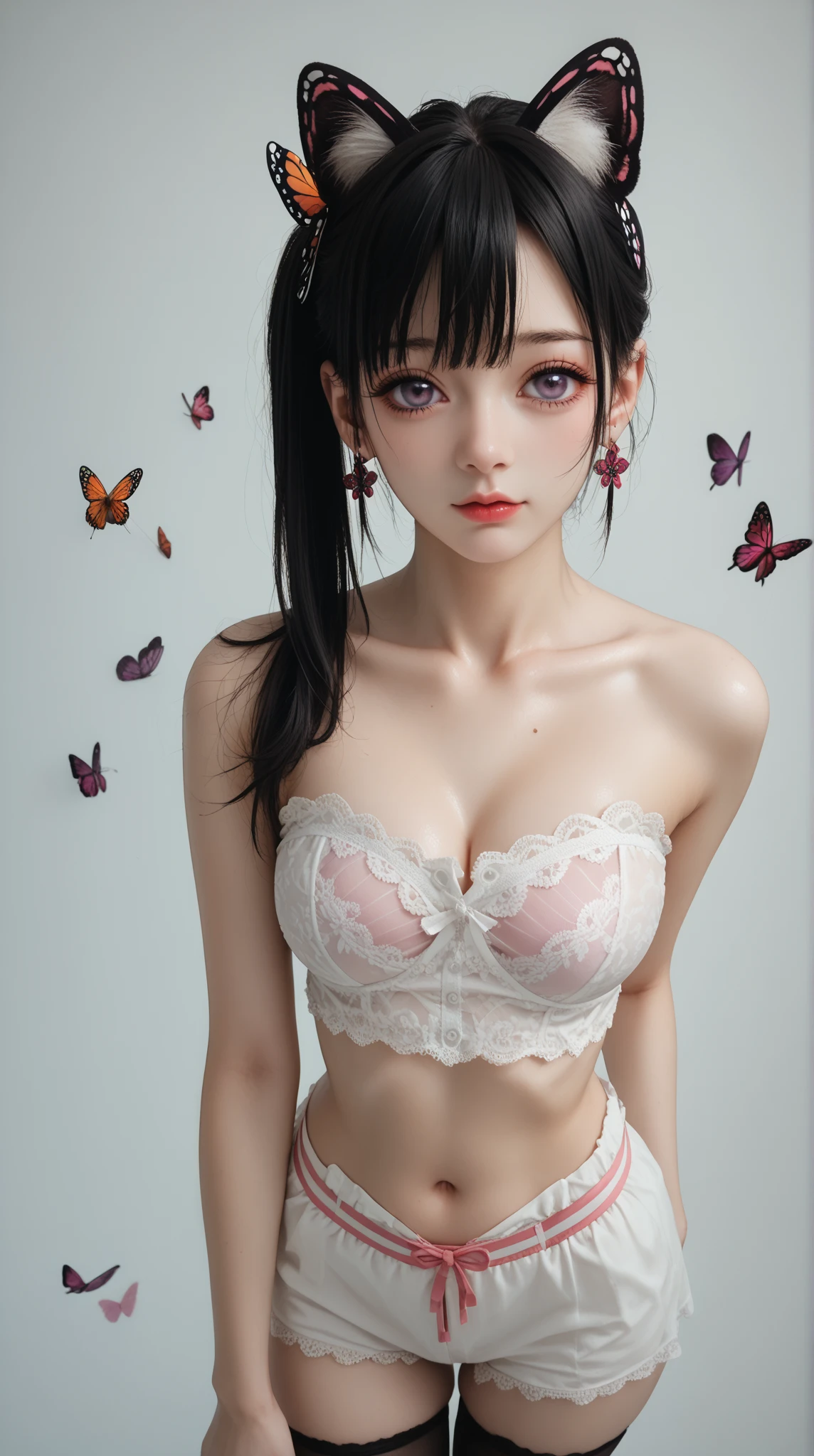 1girl , mature , adult, Solo, tall, wavy hair, large eyes, Shy face, smiling, luxury set, lace panties, (intricate lace black panties), perfect breast (intricate lace bra) fishnet, boots, (from front:1.3), symmetrical, fierce woman, intense gaze, risograph