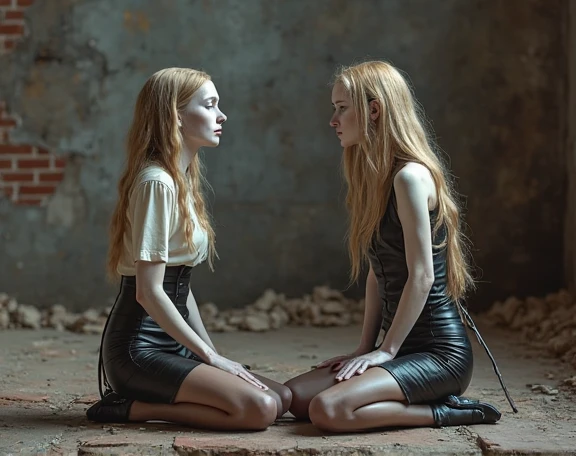 two very thin young nude teenager who looks anorexic gazing sadly into the camera lens. The scene show the entire body of the teenager. Moaning face. the girl's body is similar to that of a pubescent.with a crucifix around his neck. she is squatting with spread legs.