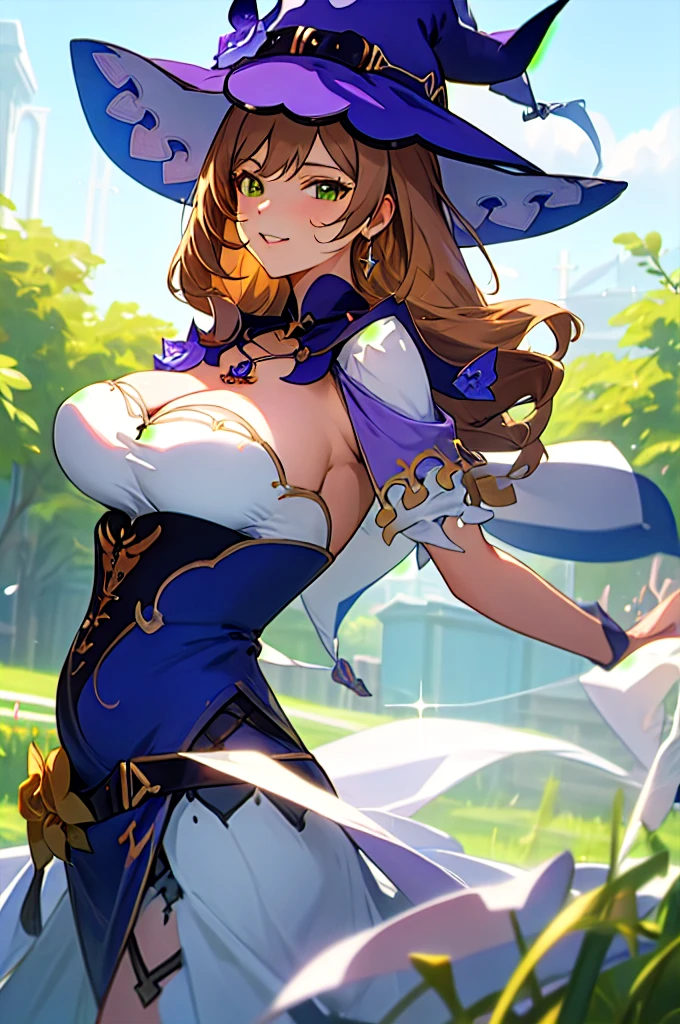 ((masterpiece)),(best quality),official art,extremely detailed CG,unity 8k wallpaper,ultra detailed,A lighthouse on a cliff by the sea,1girl,solo,cowboy shot,looking at viewer,green_eyes,black_thighhighs,witch_hat,black_gloves,cleavage,brown_hair,black_footwear,purple_headwear,smile,long_hair,dress,hat_flower,bangs,jewelry,hair_ornament,purple_rose,hair_between_eyes,large_breasts,purple_capelet,hair_flower,<lora:Lisa(gen)>,