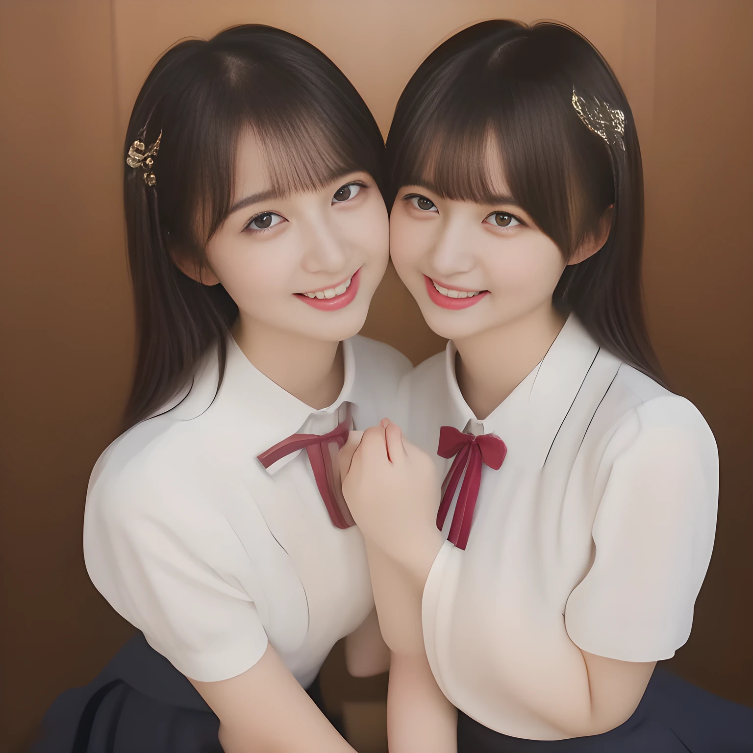 (masterpiece, best quality:1.2), High resolution, 1080P, 8K, 1girl, solo, (((Too beautiful Two zinomy rich succubi girls)) are seated on the viewer's leg and caressing the viewer together. Beautiful face looking up. All the girls are noble, neat, intelligent and beautiful slender, maximum laughter of happiness, neat seducing uniform and skirt: 1.8), (Incredibly well organized pure white face, Glossy lips, Very long black beautiful straight hair like a hair model, Pure and clear wet eyes, (((Noble and neat and noble))) Japanese school uniform, (white cute school ribbon bow-tie), girly & fluttering ((frilled gorgeous expensive white school blouse)), puffed sleeves, (white cutest well-pleated noble (ivory skirt)): 1.9) ,(beautiful legs, white socks and school loafers), (Using expensive face-whitening cosmetics to make her skin more beautiful and pure by professional makeup artist: 1.0), (The neat beautiful two succubi know well about the viewer's super fetishism for school uniforms, and satisfies it completely with skirt: 1.0), (well detailed face and seducing eyes: 1.8), (All the girls are giving the the viewer's one extreme happiness of beautiful hands and skirt: 1.5), (Two beautiful succubi Caress and squeeze the viewer's one tenderly together with Beautiful hands until finish of unstoppable lewd explosion: 2), (Neat, clean, clear atmosphere: 1.8)