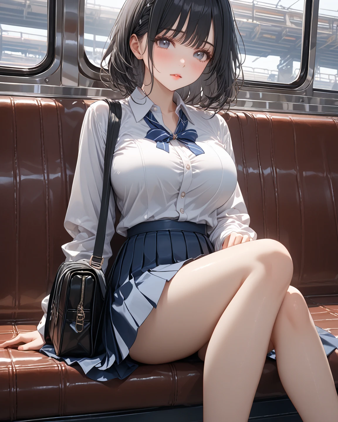 masutepiece、masterpiece、top-quality、ultra-detailliert、hight resolution、hight resolution、8K Portrait、Unity 8k壁紙のhigh-detailCG、Unity 8k壁纸、Cute little:1.5、Lori:1.5、Highly detailed CG Unity 8k wallpaper、逼真、realperson、Cute little、 Portrait photos、shinny skin、high-detail、(sixteen years old:1.2)、(女の子1人)、Beautiful clear eyes、Ultra-fine depiction、delicated face、Lovely lips、skinny body、Big breasts thin waist、Thin leg、(On the train:1.6)、 1girl in, Cute, Perfect face, Seriously, (blush:1.5),((There are a lot of people nearby:1.4)) Big breasts,((School Uniforms:1.2)),(((Clothes lift:1.5))), (((Nipples))), Detailed description vagina,Show vagina,Spread legs,Spread ,((cum in vaginas:1.5))
