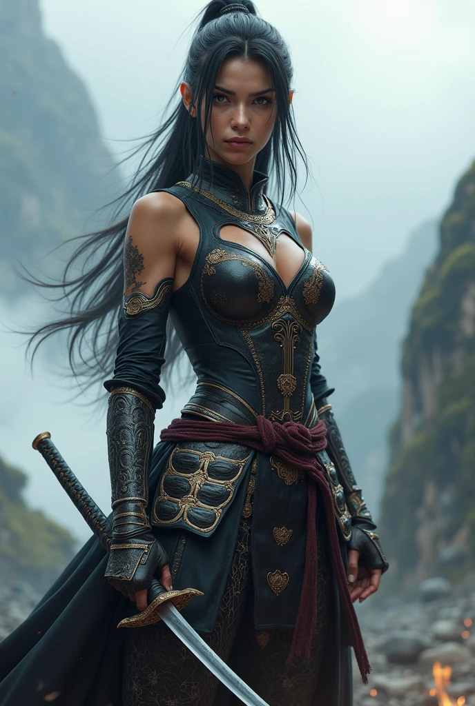 (wide-angle), (long distance portrait), (PureErosFace), (very curvy a young women), pores, hair band, flying long hair, (gray hair), ancient head ornament, long decorative scarf around the waist, hairpin, cynical look, (shadow, film grain, zskuijia), "chinese a combination of armor silver and costume Floral Print Sleeve top halter tank top sexyhot Qipao" Cheongsam). sword, field, standing on the highest hill, misty, fantasy world. gloomy and dramatic atmosphere