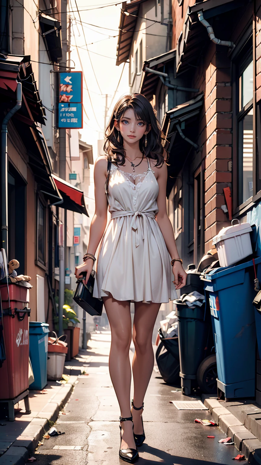 ((masterpiece, Highest quality)),girl, alone, dress, Are standing, Hello, alley, Outdoor, bangs, white オフショルダーdress, Gray Hair, Long Hair, Black footwear, Industrial Pipes, View your viewers, Air conditioning,Dim lighting, garbage, garbage bin, hxh2011 sexyなプロポーション、Sexy、Narrow waist