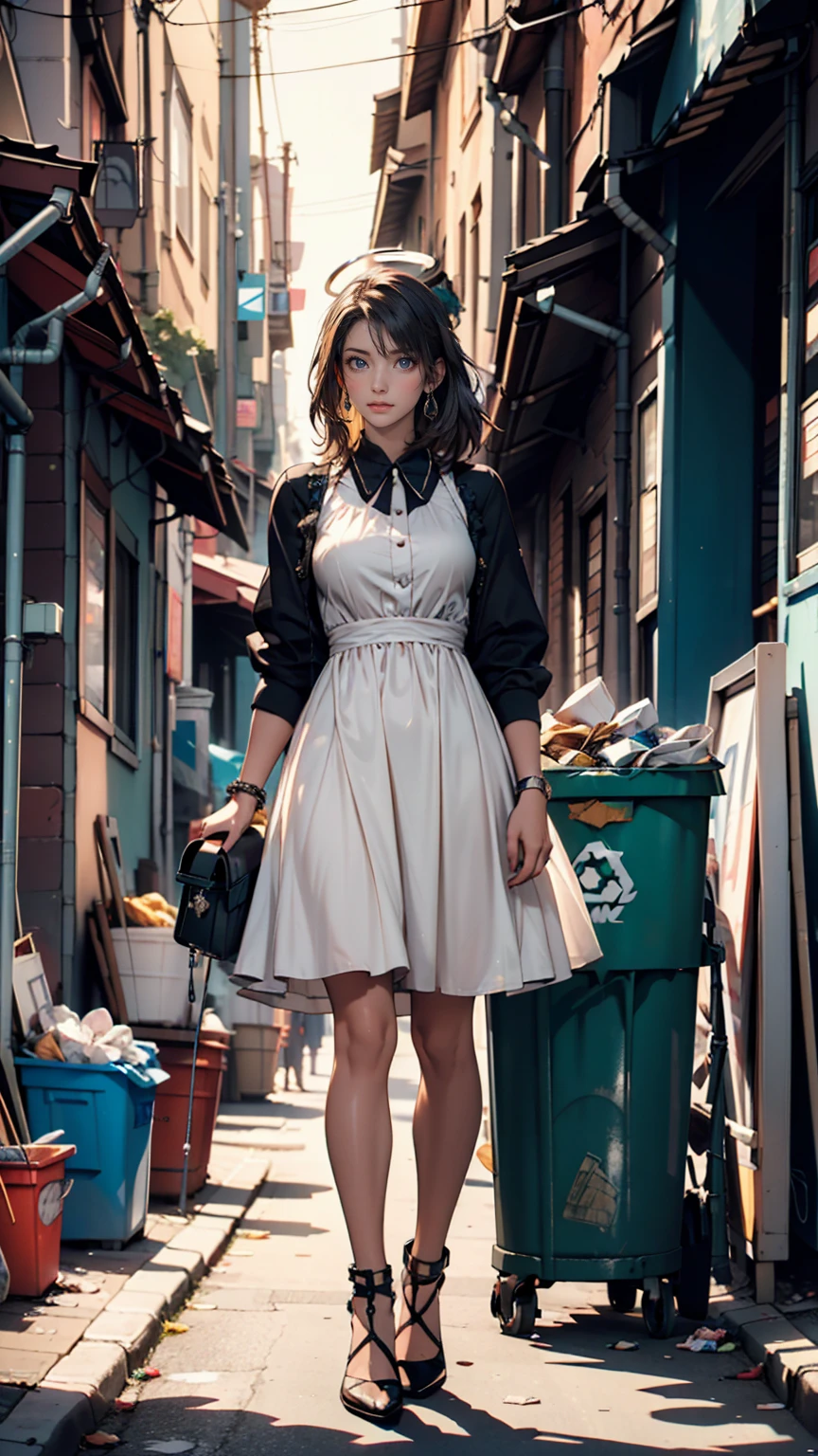 Girl in a summer dress walking through an active Warzone