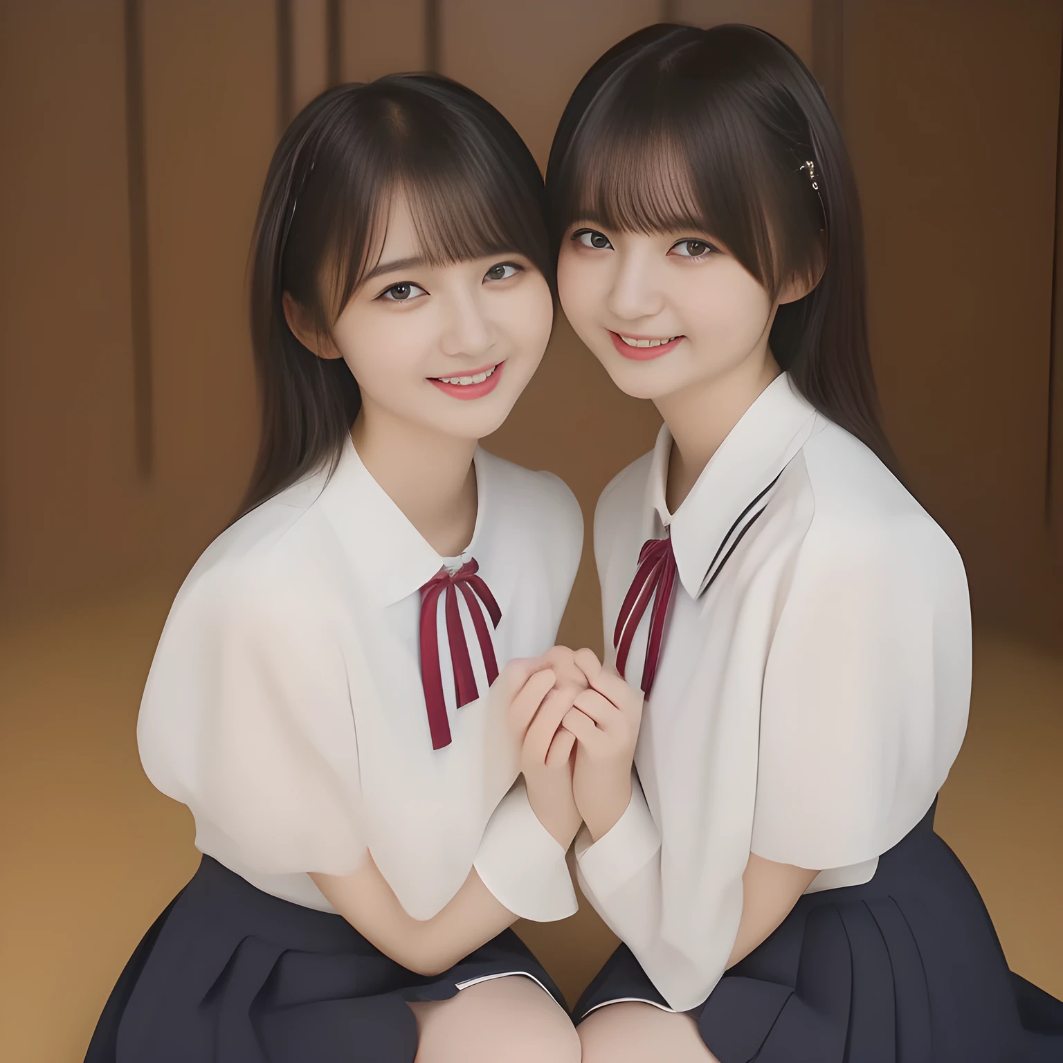 (masterpiece, best quality:1.2), High resolution, 1080P, 8K, 1girl, solo, (((Too beautiful Two zinomy rich succubi girls)) are seated on the viewer's leg and caressing the viewer together. Beautiful face looking up. All the girls are noble, neat, intelligent and beautiful slender, maximum laughter of happiness, neat seducing uniform and skirt: 1.8), (Incredibly well organized pure white face, Glossy lips, Very long black beautiful straight hair like a hair model, Pure and clear wet eyes, (((Noble and neat and noble))) Japanese school uniform, (white cute school ribbon bow-tie), girly & fluttering ((frilled gorgeous expensive white school blouse)), puffed sleeves, (white cutest well-pleated noble (ivory skirt)): 1.9) ,(beautiful legs, white socks and school loafers), (Using expensive face-whitening cosmetics to make her skin more beautiful and pure by professional makeup artist: 1.0), (The neat beautiful two succubi know well about the viewer's super fetishism for school uniforms, and satisfies it completely with skirt: 1.0), (well detailed face and seducing eyes: 1.8), (All the girls are giving the the viewer's one extreme happiness of beautiful hands and skirt: 1.5), (Two beautiful succubi Caress and squeeze the viewer's one tenderly together with Beautiful hands until finish of unstoppable lewd explosion: 2), (Neat, clean, clear, atmosphere: 1.8)