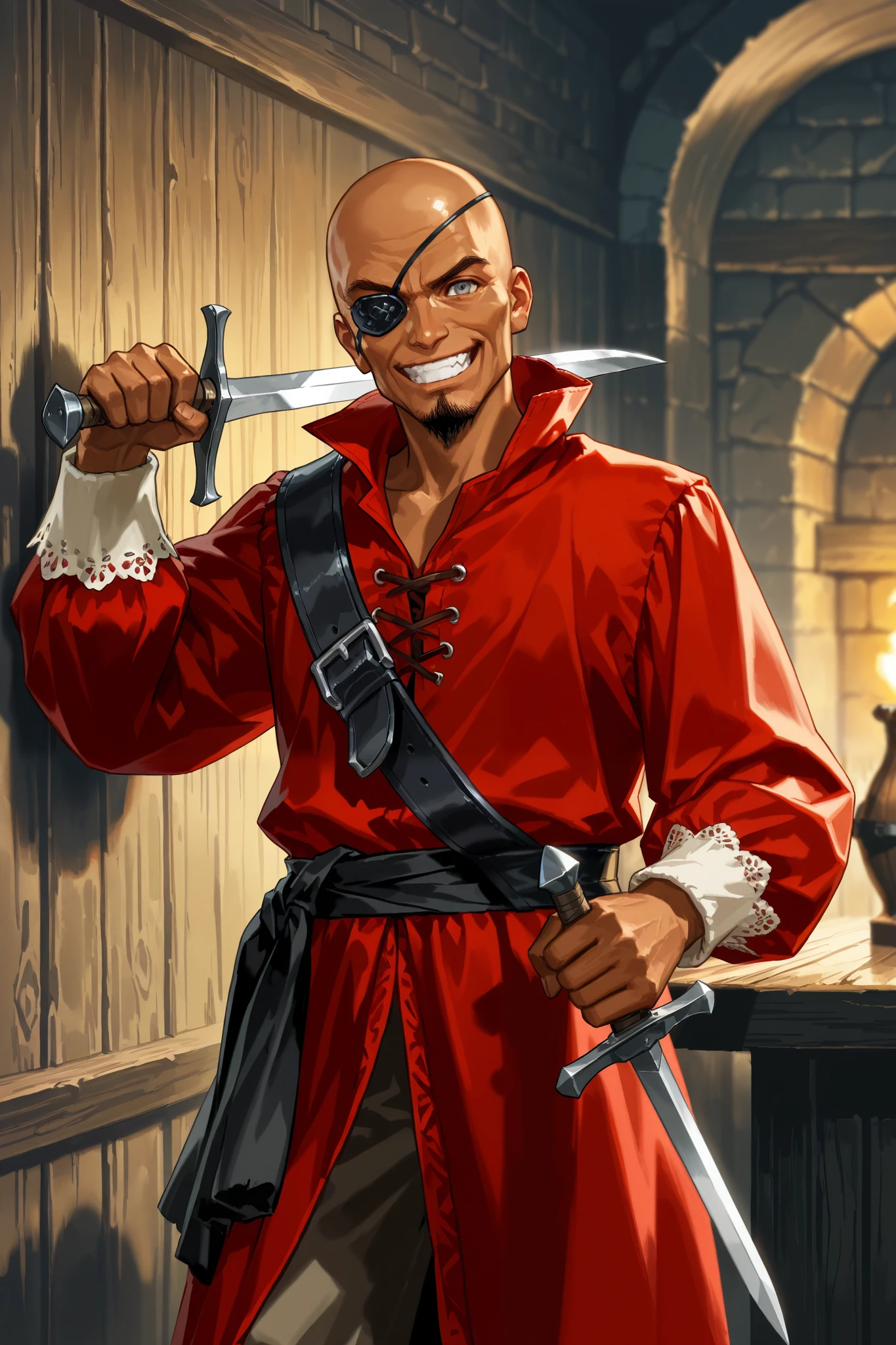 Human, male, tanned skin, bald head, middle aged, black goatee, grey eyes, eyepatch, wearing dark red tunic, black sash tied around waist, grey breeches, wielding a wicked looking dagger, standing against wall in tavern, seedy tavern,(18th century clothes, pirate era clothing), wicked grin, fantasy art, dungeons and dragons, close up, npcp