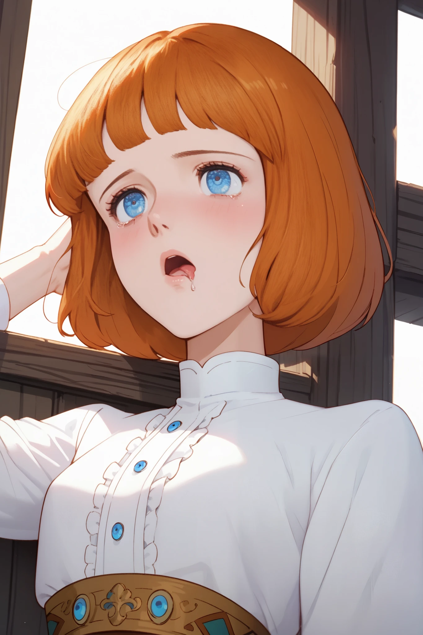 Clarice,1 female,solo,

orange hair,bob cut,

blue eyes,beautiful eyes,
big eyes,slant eyes,long eyelashes,
sleeping eyes,

white background,
look up,zoom out,look at viewer,
upper body,from side,

Extreme up under the chest,
low angle,

white shirts(1.3),flat breasts,

sad,painful,blushing,drooling,tearful eyes,
rolling eyes,open mouth,tongue out,

Perfect face,beautiful skin,
Anatomically correct,Highest quality,
masterpiece,high image quality