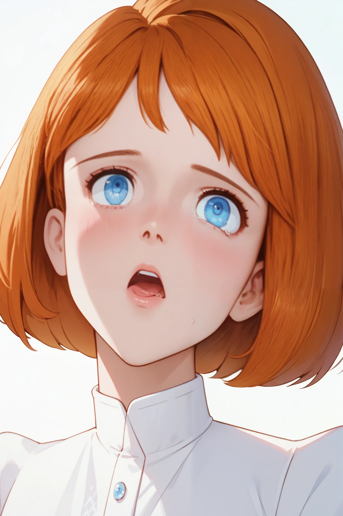 Clarice,1 female,solo,
orange hair,bob cut,
blue eyes,beautiful eyes,
big eyes,slant eyes,long eyelashes,
sleeping eyes,
white background,
look up,zoom out,look at viewer,
upper body,from side,
Extreme up under the chest,
low angle,
white shirts(1.3),flat breasts,
sad,painful,blushing,drooling,tearful eyes,
rolling eyes,open mouth,tongue out,
Perfect face,beautiful skin,
Anatomically correct,Highest quality,
masterpiece,high image quality