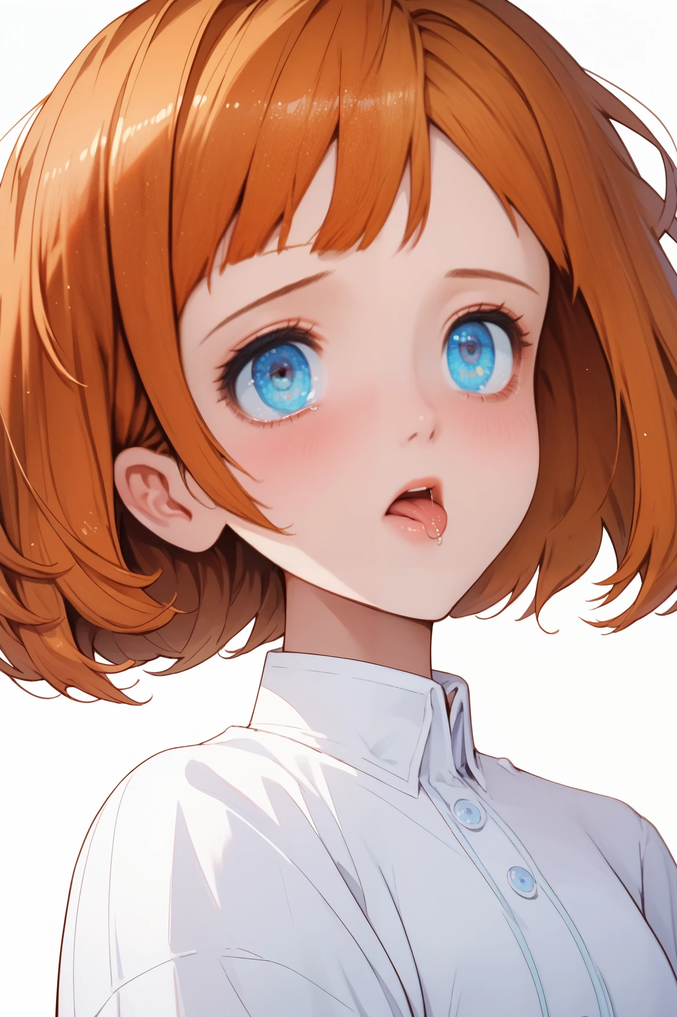 Clarice,1 female,solo,
orange hair,bob cut,
blue eyes,beautiful eyes,
big eyes,slant eyes,long eyelashes,
sleeping eyes,
white background,
look up,zoom out,look at viewer,
upper body,from side,
Extreme up under the chest,
low angle,
white shirts(1.3),flat breasts,
sad,painful,blushing,drooling,tearful eyes,
rolling eyes,open mouth,tongue out,
Perfect face,beautiful skin,
Anatomically correct,Highest quality,
masterpiece,high image quality