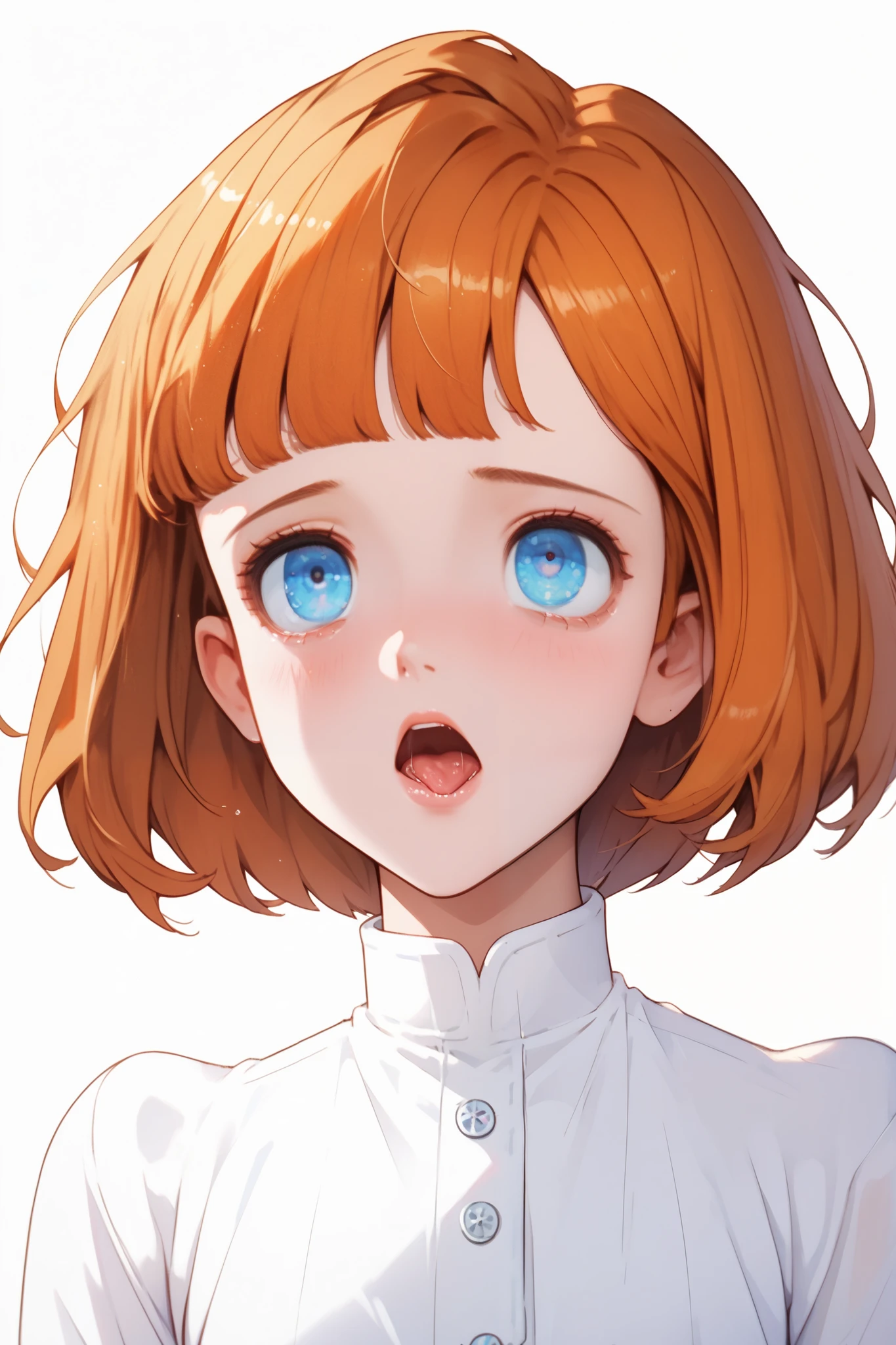 Clarice,1 female,solo,
orange hair,bob cut,
blue eyes,beautiful eyes,
big eyes,slant eyes,long eyelashes,
sleeping eyes,
white background,
look up,zoom out,look at viewer,
upper body,from side,
Extreme up under the chest,
low angle,
white shirts(1.3),flat breasts,
sad,painful,blushing,drooling,tearful eyes,
rolling eyes,open mouth,tongue out,
Perfect face,beautiful skin,
Anatomically correct,Highest quality,
masterpiece,high image quality