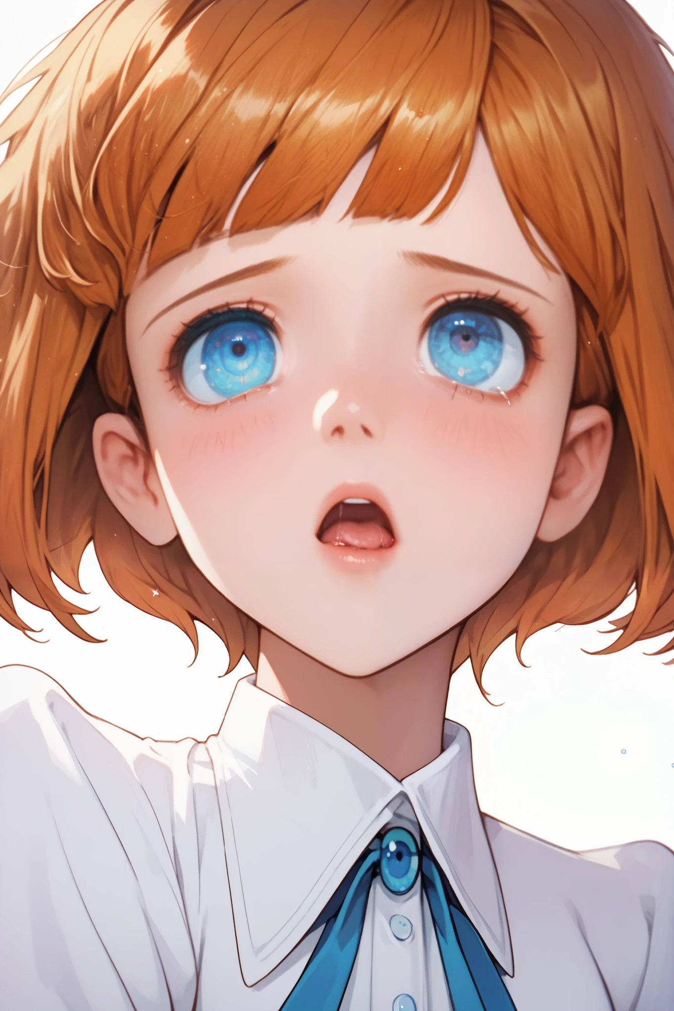 Clarice,1 female,solo,

orange hair,bob cut,

blue eyes,beautiful eyes,
big eyes,slant eyes,long eyelashes,
sleeping eyes,

white background,
look up,zoom out,look at viewer,
upper body,from side,

Extreme up under the chest,
low angle,

white shirts(1.3),flat breasts,

sad,painful,blushing,drooling,tearful eyes,
rolling eyes,open mouth,tongue out,

Perfect face,beautiful skin,
Anatomically correct,Highest quality,
masterpiece,high image quality