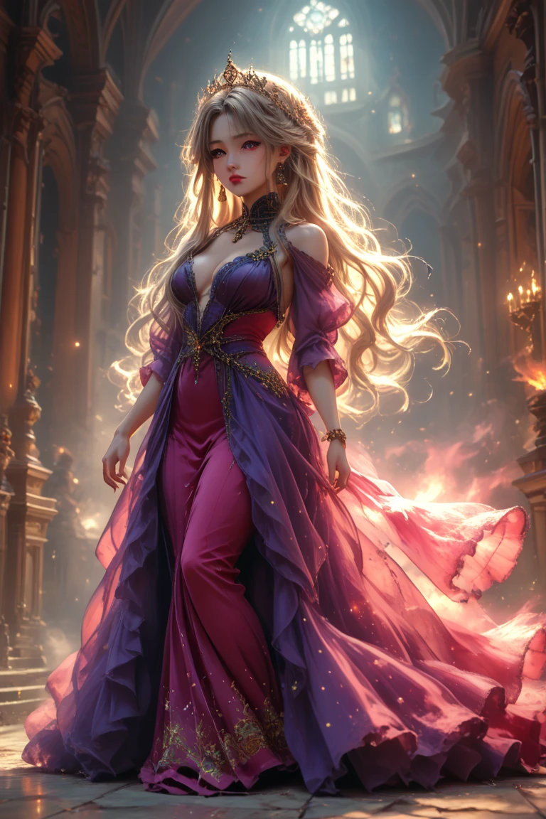 Taylor Swift, hyperrealistic photography, curly blonde hair, long cavelo, dancing, long dress, violet dress, princess dress, ball, crown, tiara, jewelry, medieval, castle, masterpiece, details, sparkle, magic
