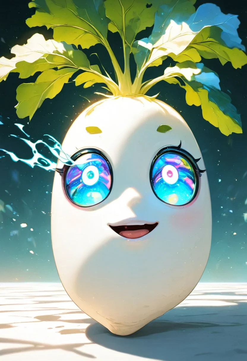 Anthropomorphic radish, cybernetical eyes"Daikon" , eye trail,iridescent eyes, iridescent afterglow in the eyes, Thick and strong daikon