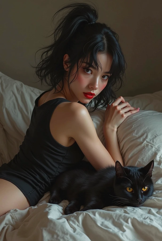 A cat crying with tears streaming down its face, lying on a bed