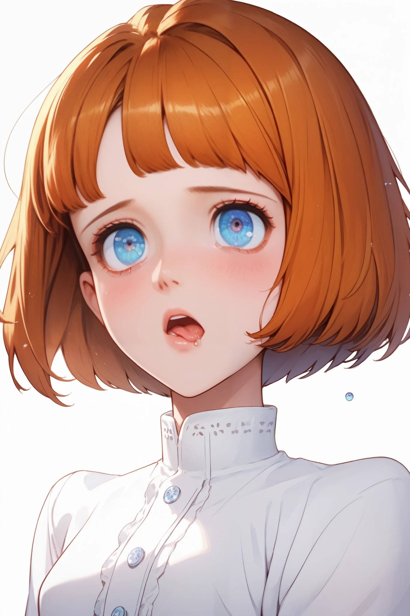 Clarice,1 female,solo,
orange hair,bob cut,
blue eyes,beautiful eyes,
big eyes,slant eyes,long eyelashes,
sleeping eyes,
white background,
look up,zoom out,look at viewer,
upper body,from side,
Extreme up under the chest,
low angle,
white shirts(1.3),flat breasts,
sad,painful,blushing,drooling,tearful eyes,
rolling eyes,open mouth,tongue out,
Perfect face,beautiful skin,
Anatomically correct,Highest quality,
masterpiece,high image quality