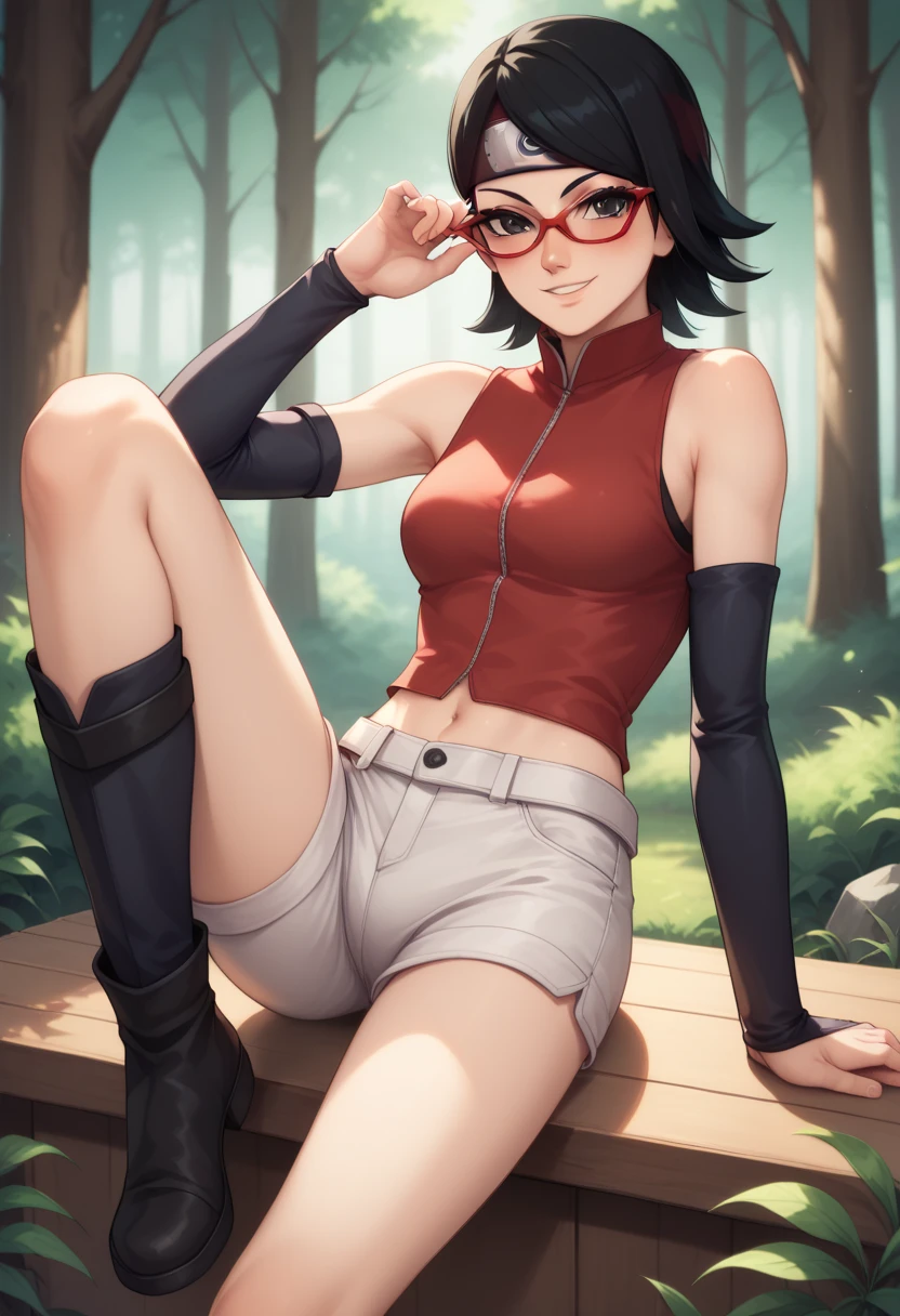 1girl,solo,sarad uchiha, black hair,black eyes, red framed glasses, red top,sleeveless, zipper,arm gloves,forehead protector, white shorts,black legwear, leg wear, sitting, forest, blush, seductive smile, spread legs, showing panties,