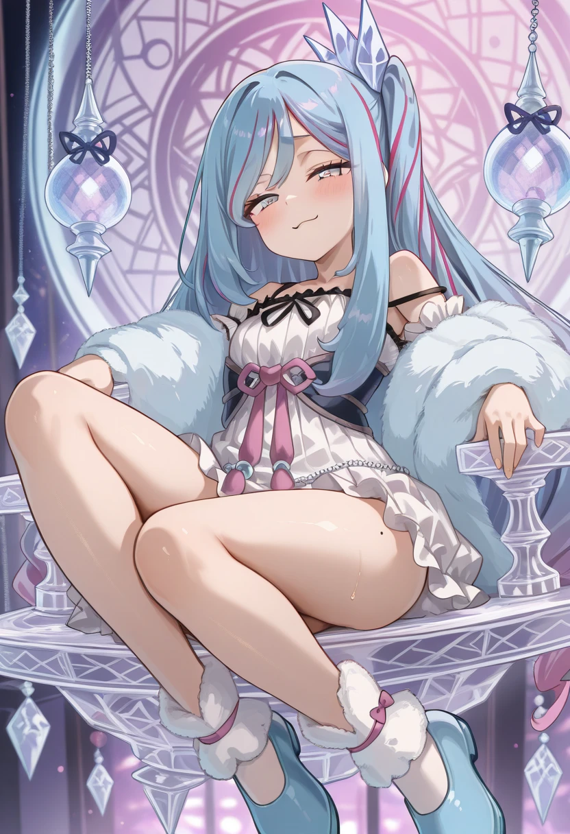 Highest quality, A seductive smile, pink,Sheer long skirt，Spread your legs，Lace panties,Blue tights