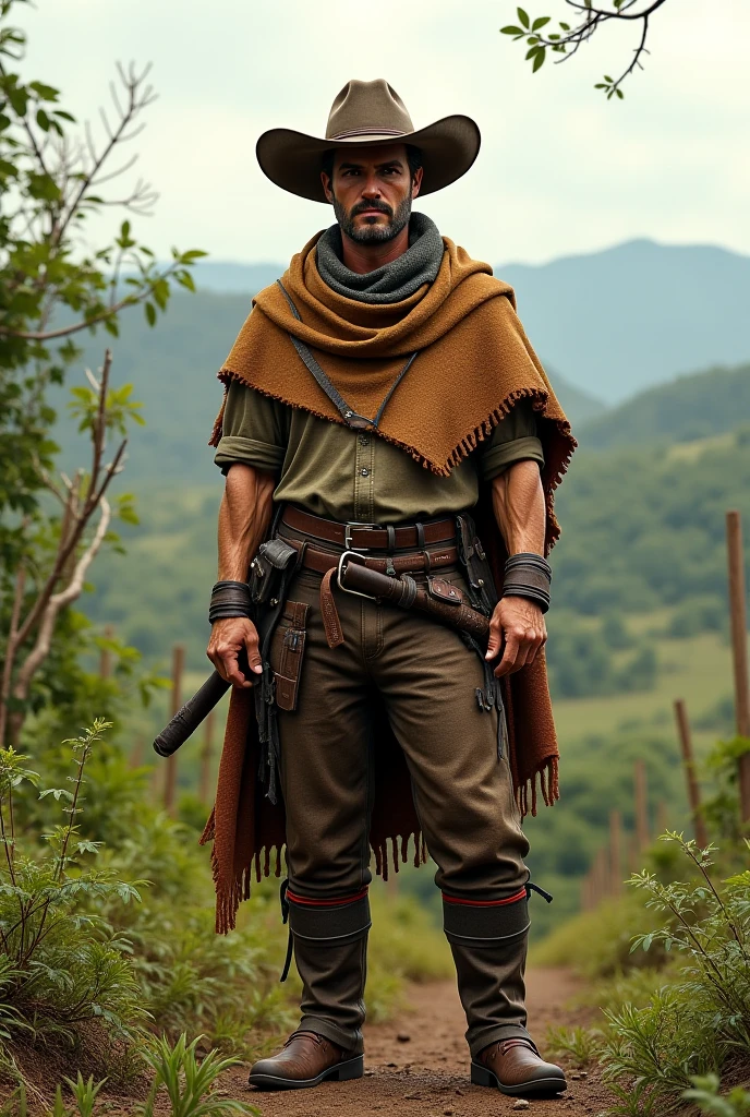 There's a man staring straight ahead with both hands on his waist in the savannah, Vaqueiro brasileiro, vestido como um xerife ocidental, vaqueiro armado, no cerrado, retrato do vaqueiro, an epic western, leather hunting attire, Ranger masculino robusto, roupas e botas medievais, Retrato de um ranger medieval robusto, vaqueiro retrato masculino, brasileiro, estilo vaqueiro, Retrato de um vaqueiro brasileiro do norte de minas gerais
