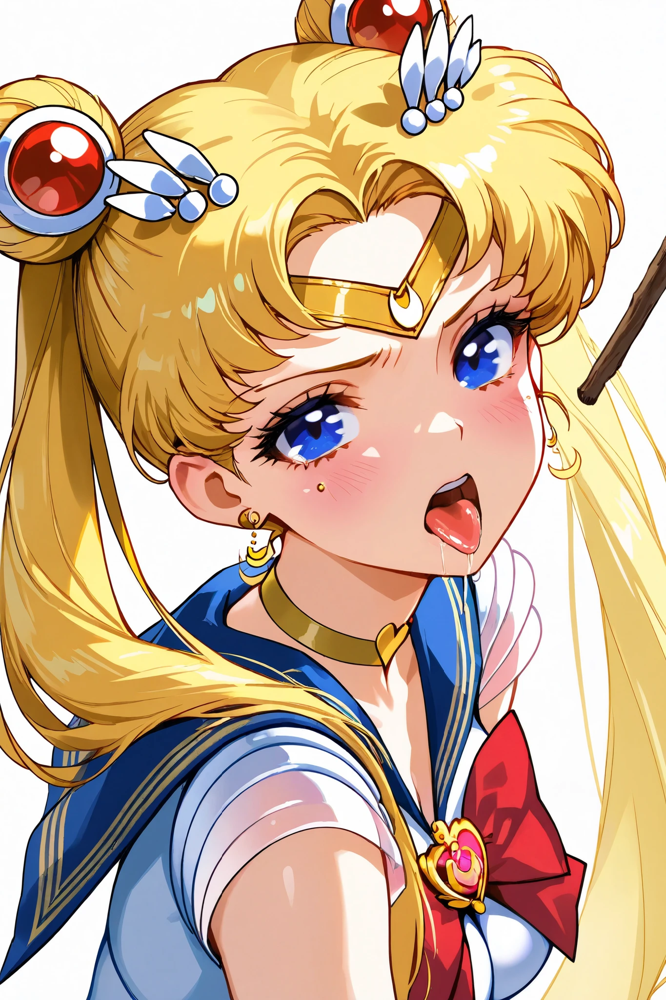 Super Sailor Moon,1 female,solo,
Double bang,blonde hair,twintail,circlet,
blonde,very long hair,
Divide the bangs,color inner hair,
Blue eyes,beautiful eyes,big eyes,
slant eyes,long eyelashes,sleeping eyes,
White background,
Look up,zoom out,watch the viewer,
upper body,from behind,
White bikini (1.3),medium breasts,
Very angry,contempt,
Sad,blushing,drooling,tearful eyes,
Turn your eyes,open your mouth,stick out your tongue,
Perfect face,beautiful skin,
Anatomically accurate,the highest quality,
Masterpiece,high image quality