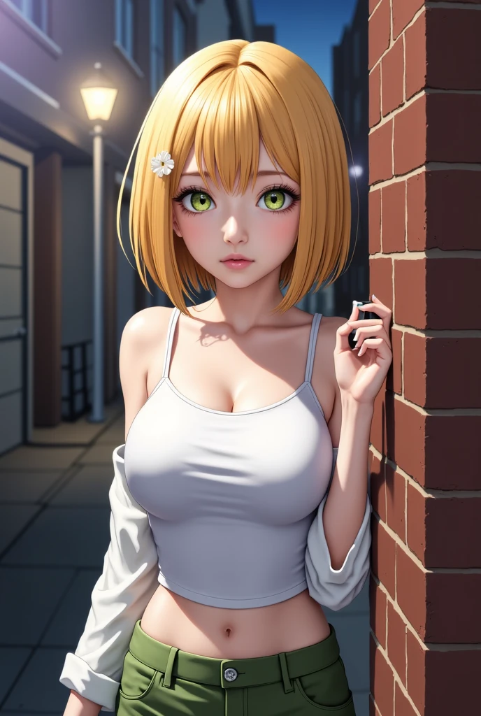 optimal,master piece,High resolution,best quality,hyper hd,super detail,award-winning,16K,solo,(Upper body),correct anatomy,Beautiful Cyberpunk Girl,cowboy shot、cute face,,blonde、bob cut、Red ribbon hair ornament、hair line,((scarlet eyes)),long eyelashes,dangling corner of the eye,white skin,((shoot from the side)), ((black t-shirt:1.5)), ((Clocktop:1.5)), ((big breasts)), ((transparent nipples))、rocket , (Because I'm slender),