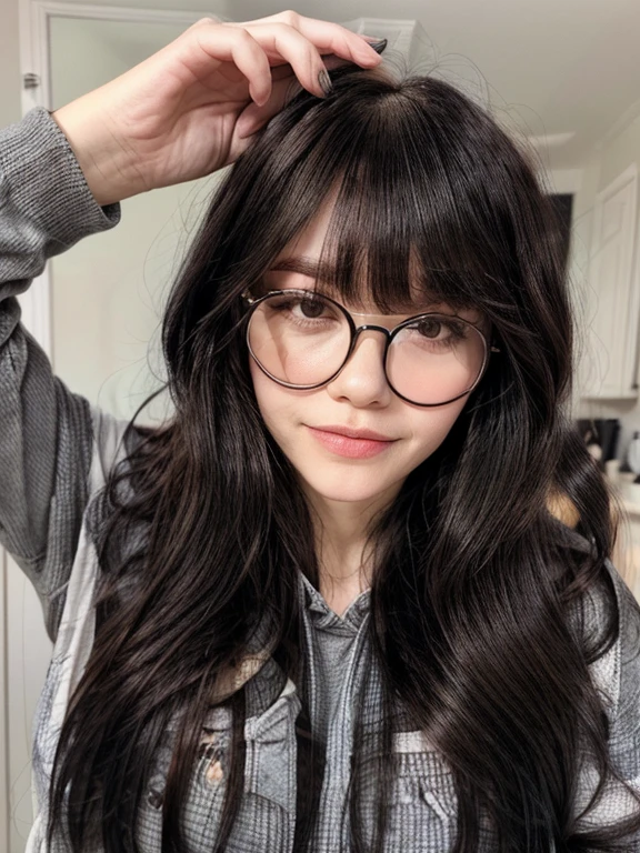 arafed asian woman with glasses and a black shirt, ulzzang, neat hair with bangs, wavy long black hair and glasses, with glasses, long hair with bangs, hair blackbangs hair, fluffy bangs, long hair with full bangs, she has black hair with bangs, with bangs, with full bangs, 🤤 girl portrait, korean girl, wearing small round glasses