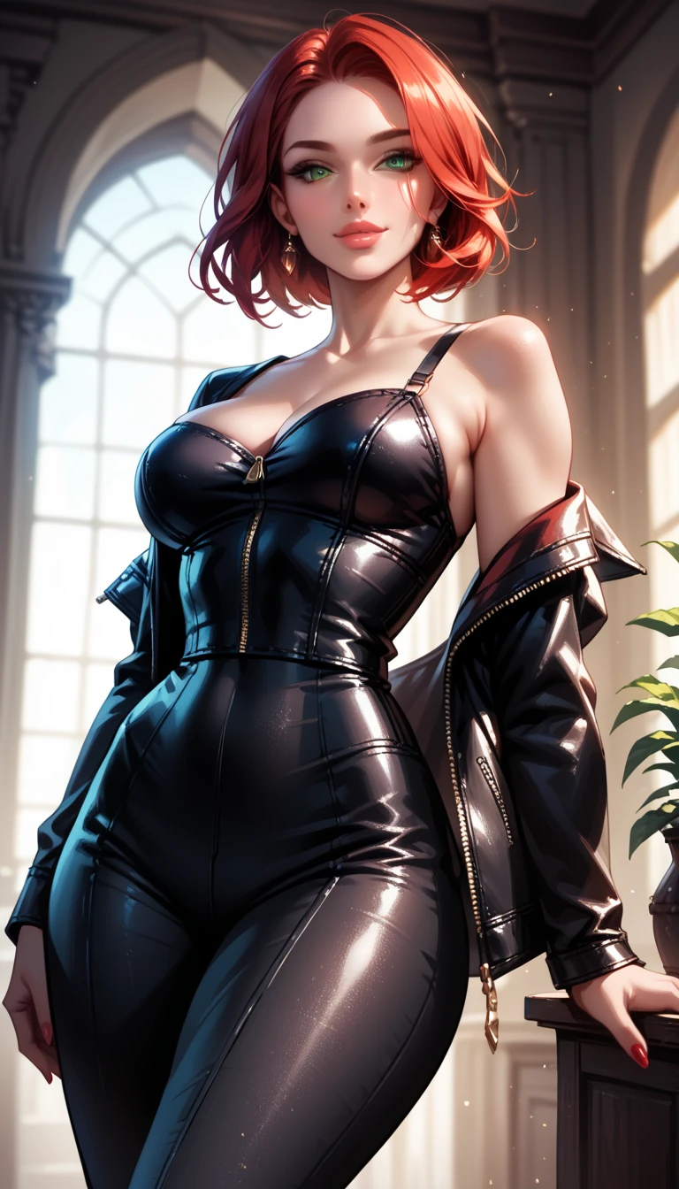 (highest resolution, clear_image) highest quality, a female's masterpiece, very detailed, semi-realistic,(most of the body), (highest quality, masterpiece, Super realistic),deep red hair, wolf cut, Torn black bangs, open jacket, shadows on the eyes, short hair, wolf cutの髪, green and blue stripes in hair, Eyes down, gone crazy, have, look up, cowboy view,intimidating pose、The whole body from head to foot、Powerful atmosphere、sharp eyes、cool beauty、walk with authority、suit、lift your hair with one hand、empress、adult dignity、Queen、胸元の開いたsuit、黒いドレスsuit、black pants、