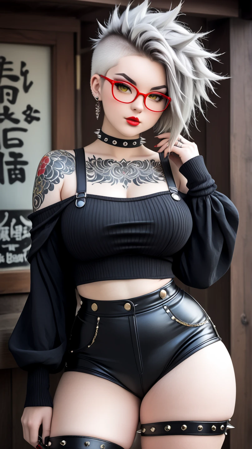 (Chest puffing pose),(Random Hairstyles),(Best image quality,(8K),Ultra-realistic,最high quality, high quality, High resolution, high quality,Attention to detail,Beautiful details,Fine details,Extremely detailed CG,Detailed Texture,Realistic facial expressions,masterpiece,in front),stockings,Silver Hair, (((Tight waist))), ((Big Breasts)),(See through),(((He has many tattoos all over his body)),(NSFW:0.5)
