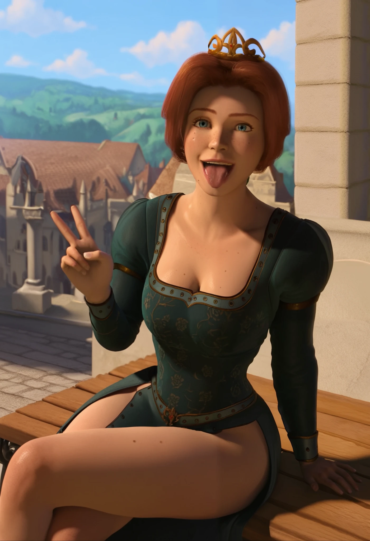 score_9, score_8_up, score_7_up, perfect face, perfect eyes, 1girl, solo, princess fiona, blue eyes, freckles, mole, pink lipstick, red hair, long hair, braided ponytail, crown,  sexy pose, seductive, flirting, looking at viewer, sexy black modern dress, very revealing clothes, cleavage, thigh, sexy black modern dress, very revealing clothes, cleavage, thigh, sitting on medieval bench, legs crossed, leaning towards viewer, doing peace sign, doing peace sign, smiling, silly face, mouth open, tongue out, salivating, castle in background, medieval city, medieval street, daytime, cloudy, sun, flare