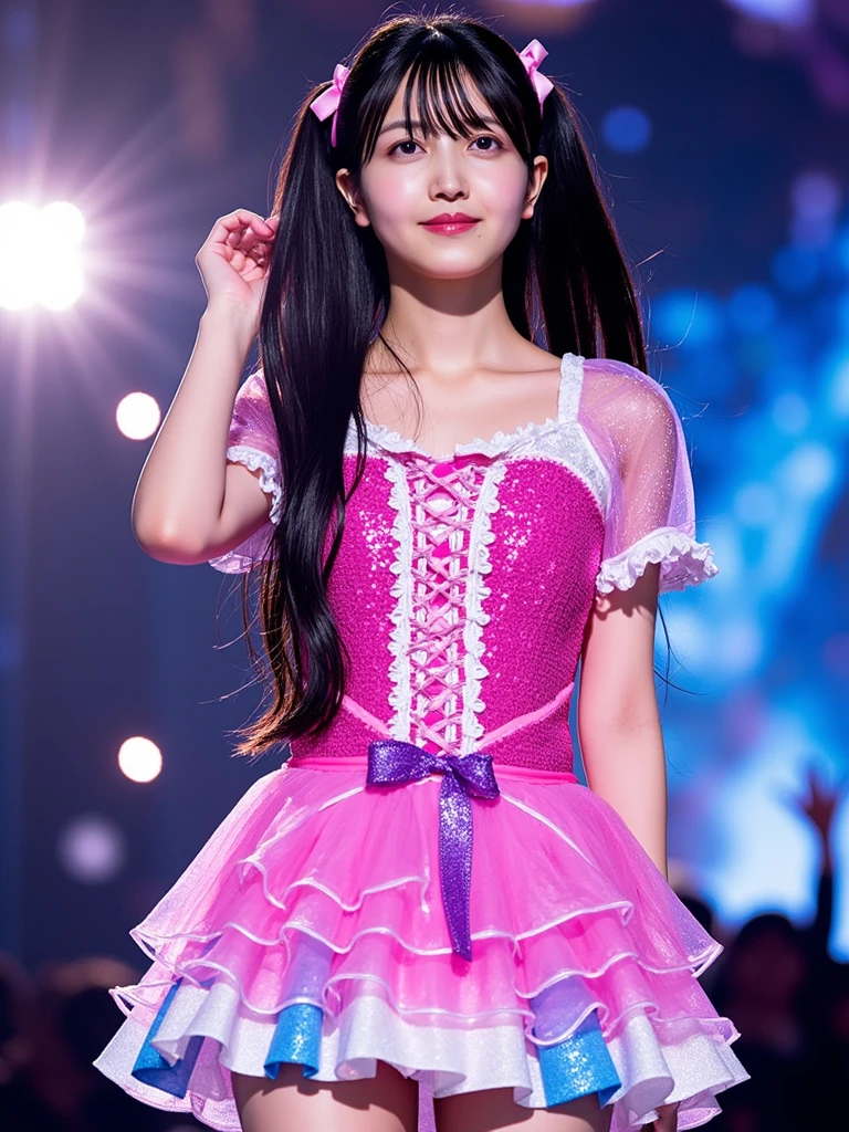 (18yo, young, cute:1.3), (japanese teen 1girl idol:1.2), ultra highres, real skin, Hyperrealism, glistening skin, professional photograph, (absurdres:1.4), 8K, (RAW photo:1.2), (extremely detailed clothing), (extremely detailed legs), best quality, ultra detailed, absolutely resolution, (face is shiny:0.8), (shiny skin:0.8), best hands, nice hands, perfect hands, BREAK、Realistic, Realistic, masterpiece, Highest quality, One Girl, alone, On Stage, Stage lighting, Stage Spotlight, Watch the audience, smile, Idol_sing_Costumes, (Purelos Face_v1:0.8),日本人Idol,Nogizaka idol,actress,White panties are visible from under the skirt、(from below:1.5)、(Cowboy Shot)