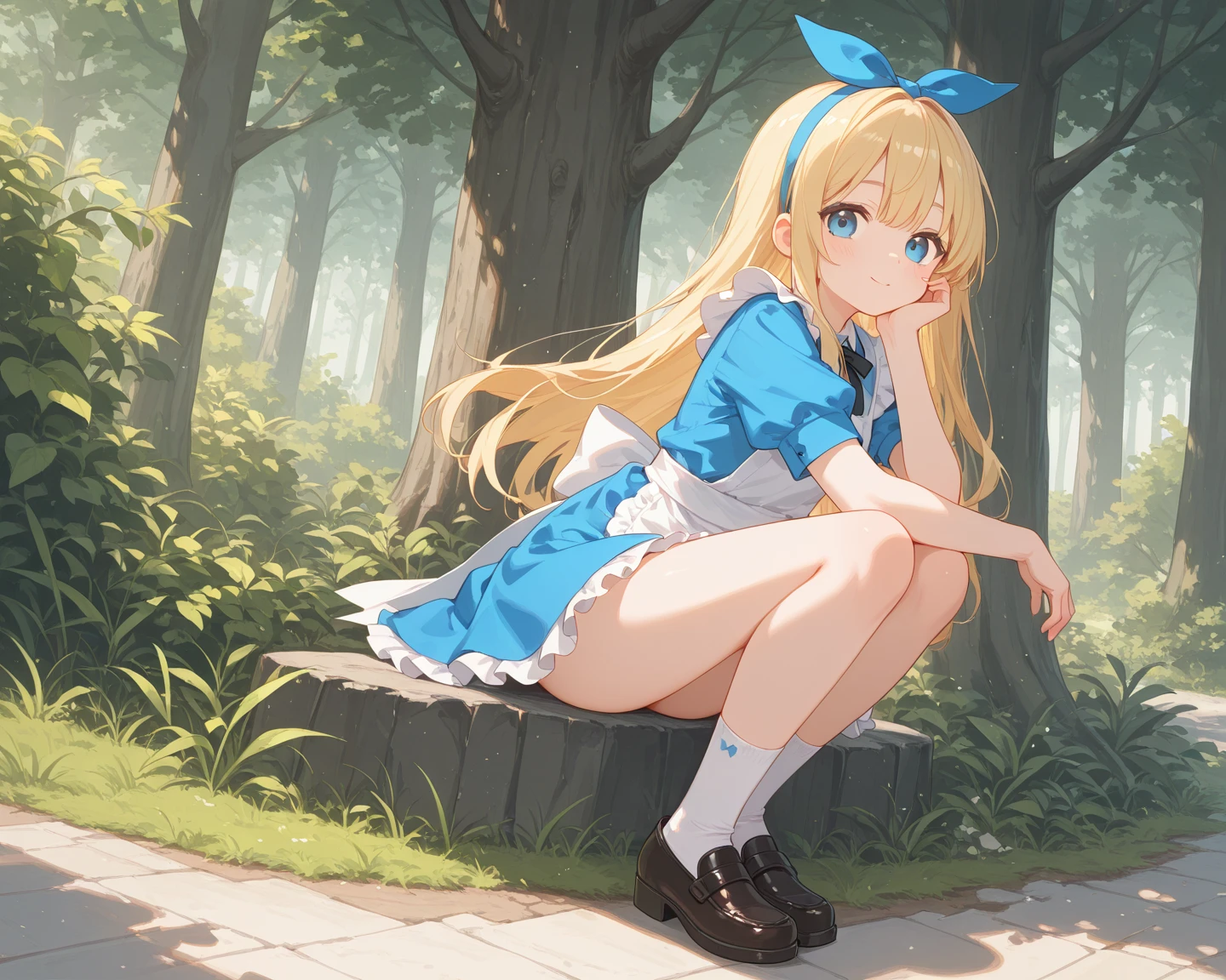(masterpiece, Highest quality;1.3), Very detailed , One girl, View your viewers, throw, nature, alice liddell, Blue mini skirt, long white socksred String, Black hair band, Blonde long hair, Porn, Seductive posture, Sit on a bench, Spread your legs wide, Grab the hem of your skirt, Roll up your skirt, Accurate anatomy, Cowboy Shot, (I had already finished :1.3) , teeth, Browsing Caution , ((string, String,)):1.3 , Rear View , View your viewers , Present, Expose , Seductive posture, I had already finished, Sexy pose, Fascinating, Under the skirt, sexy and gorgeous panties , Low - Angle, Love juice seeps through panties